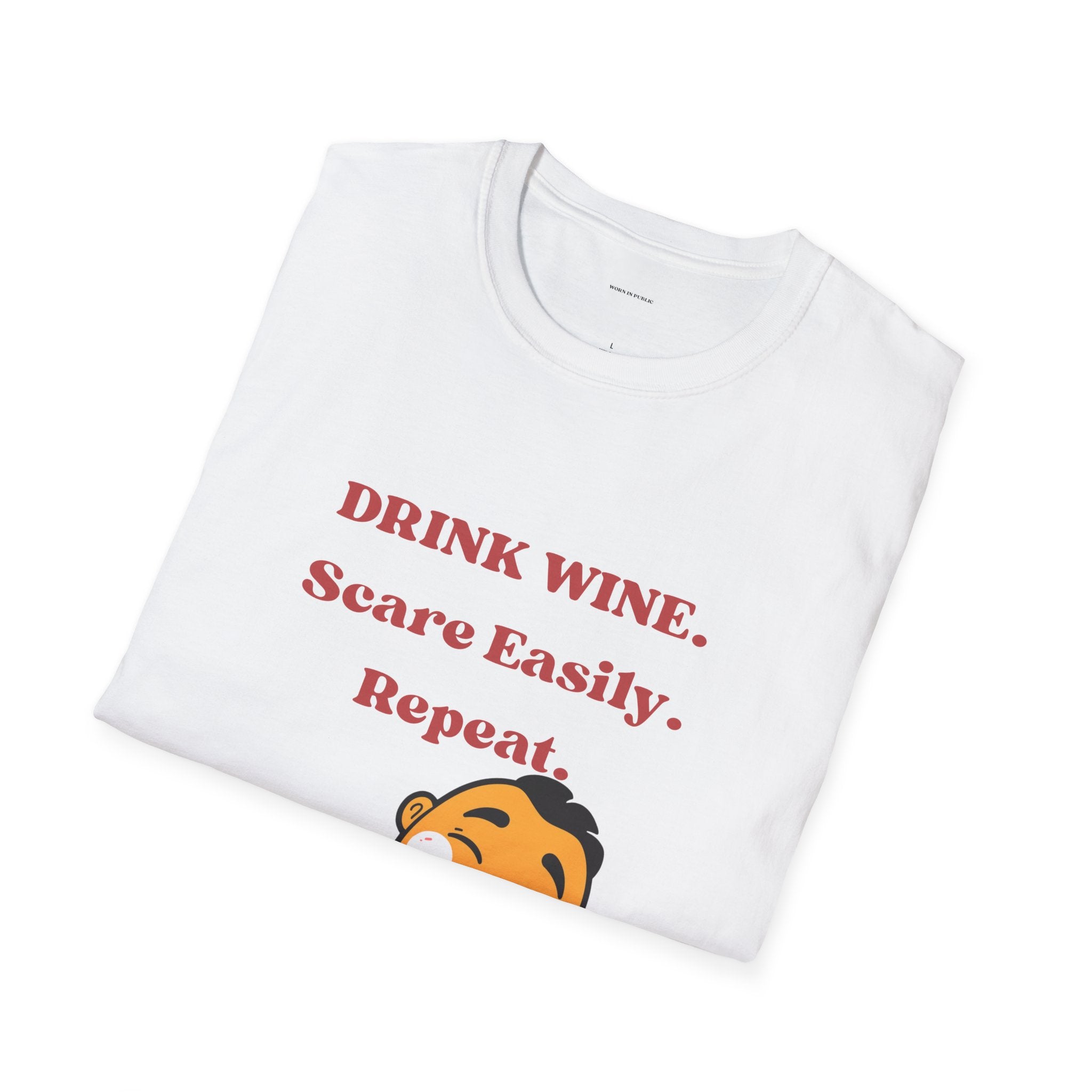 Drink Wine, Scare Easily, Repeat T-Shirt | Funny Smiling Face Graphic Tee