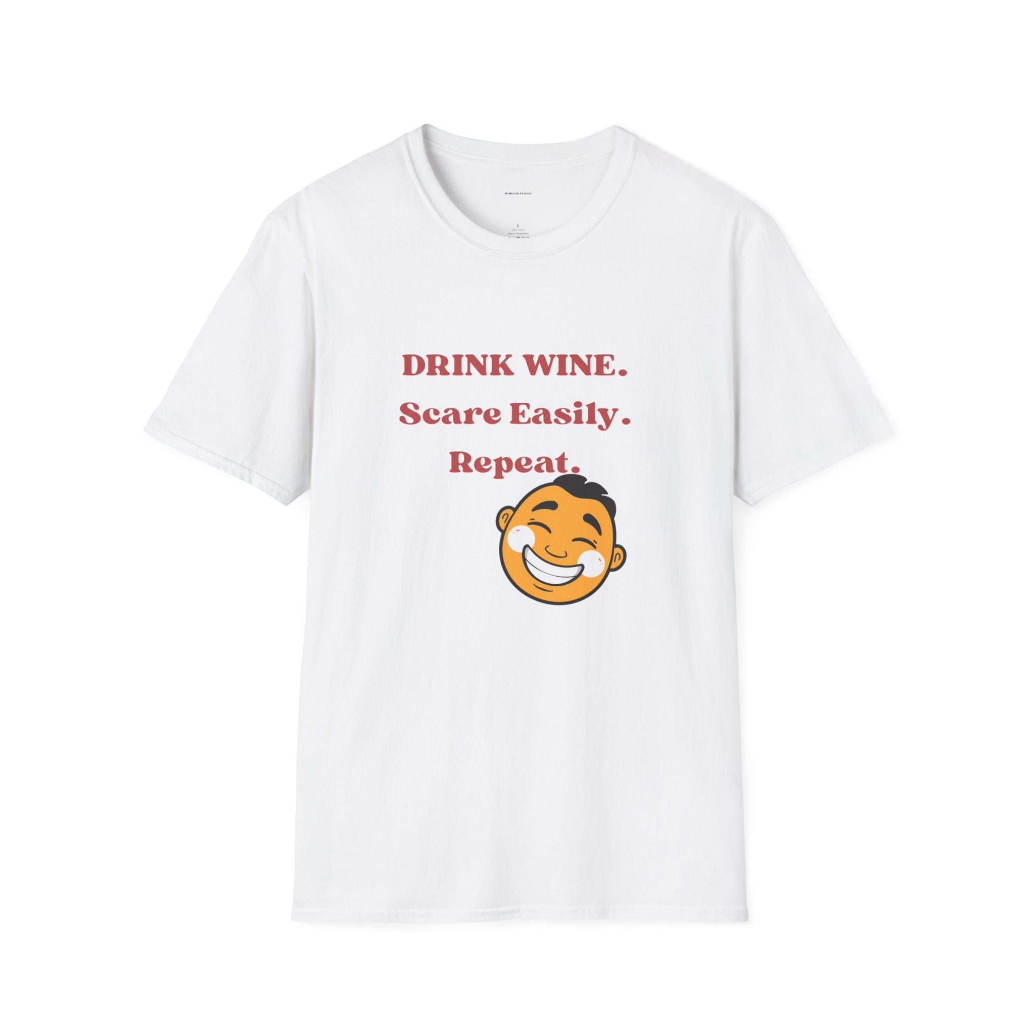 Drink Wine, Scare Easily, Repeat T-Shirt | Funny Smiling Face Graphic Tee