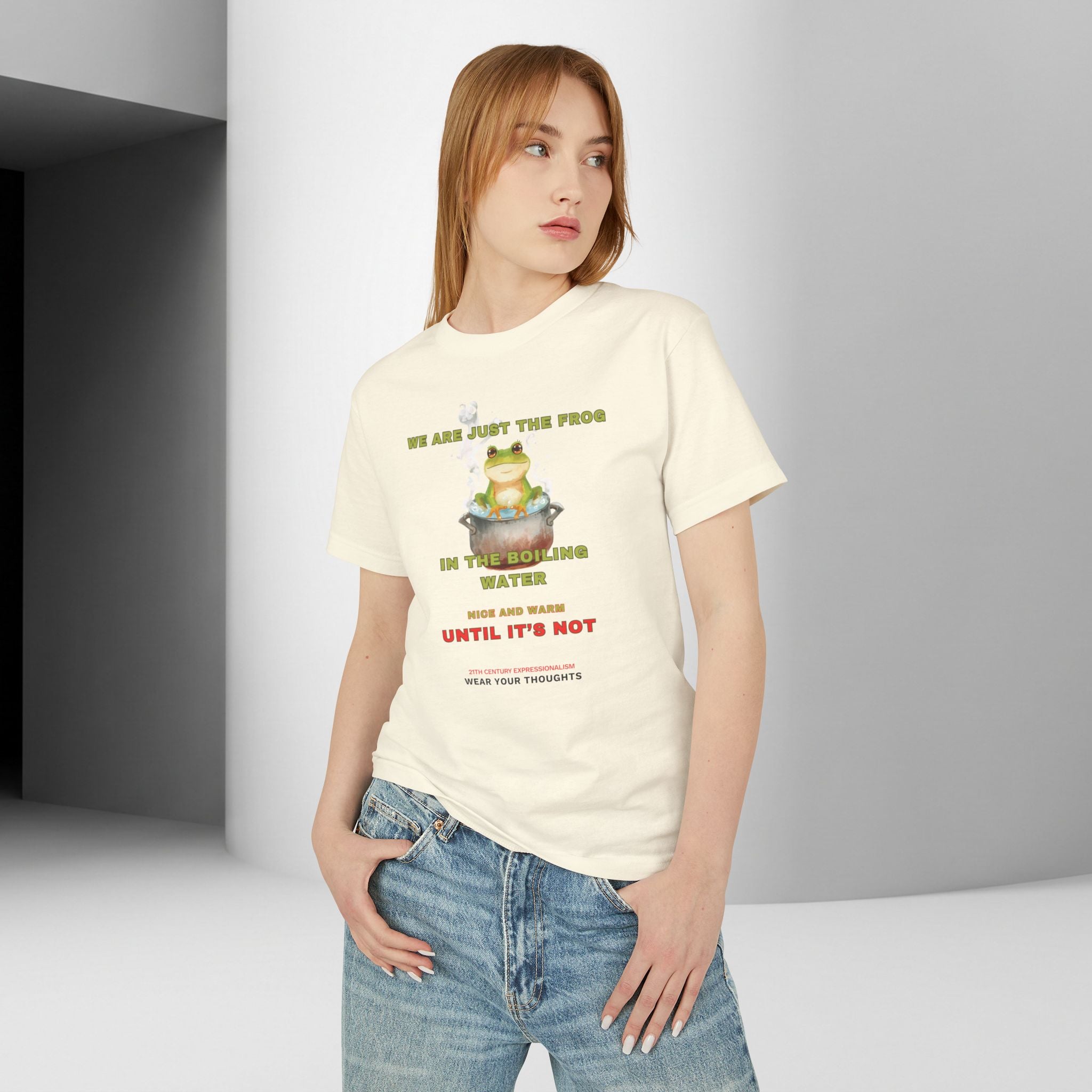 Graphic Unisex Tee — 'We Are Just The Frog in the Boiling Water' Funny Frog Shirt