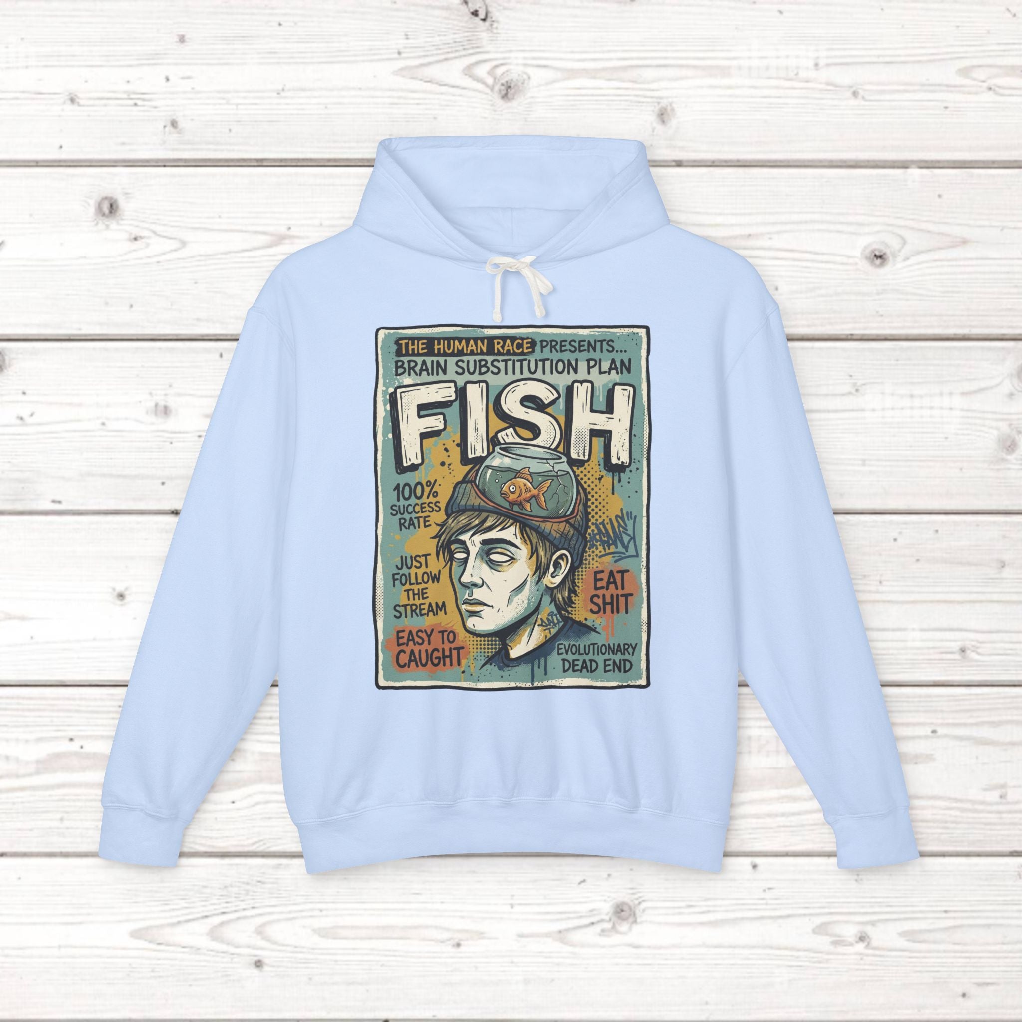 Fish Brain Substitution Plan Hoodie — Vintage Unisex Surreal Graphic Pullover