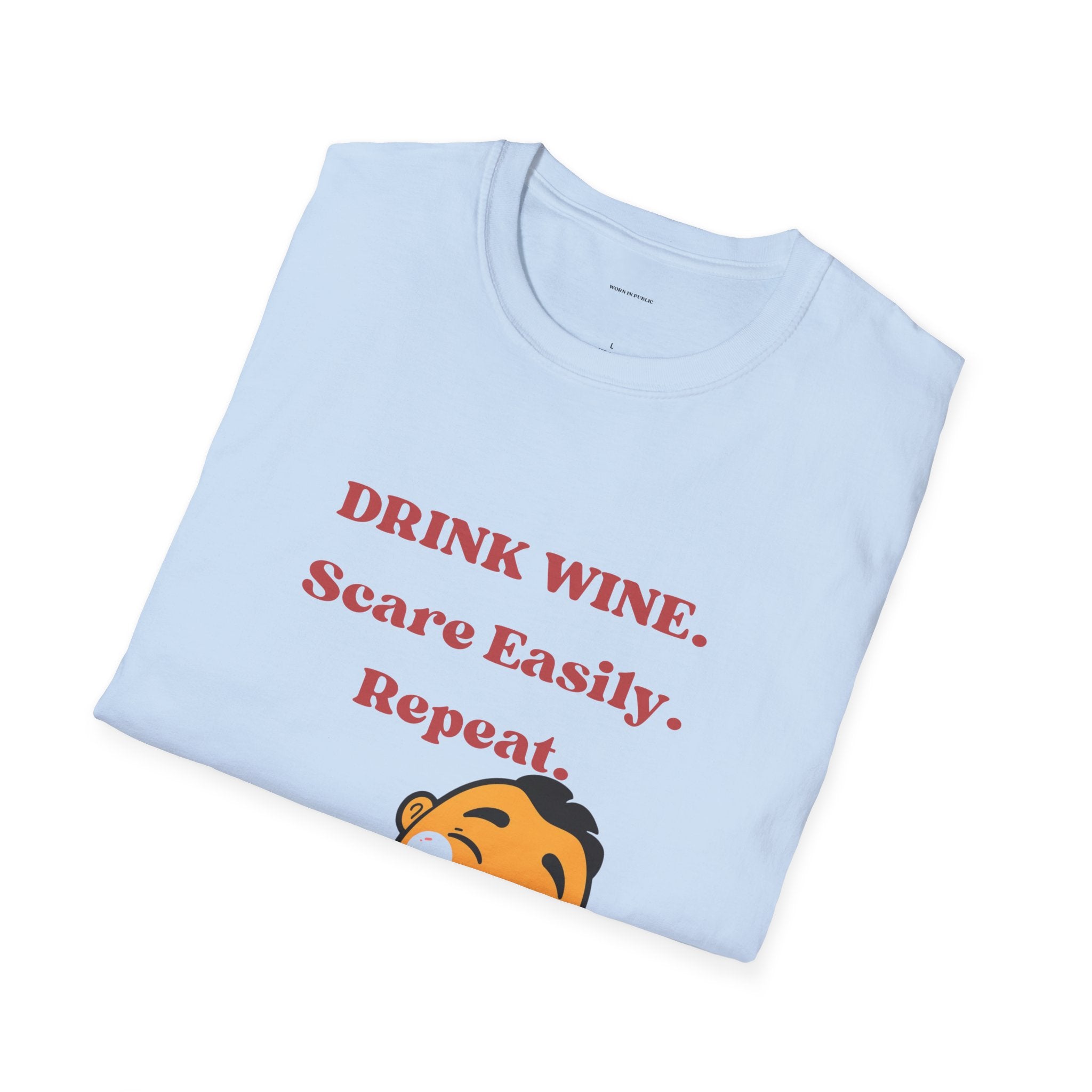 Drink Wine, Scare Easily, Repeat T-Shirt | Funny Smiling Face Graphic Tee