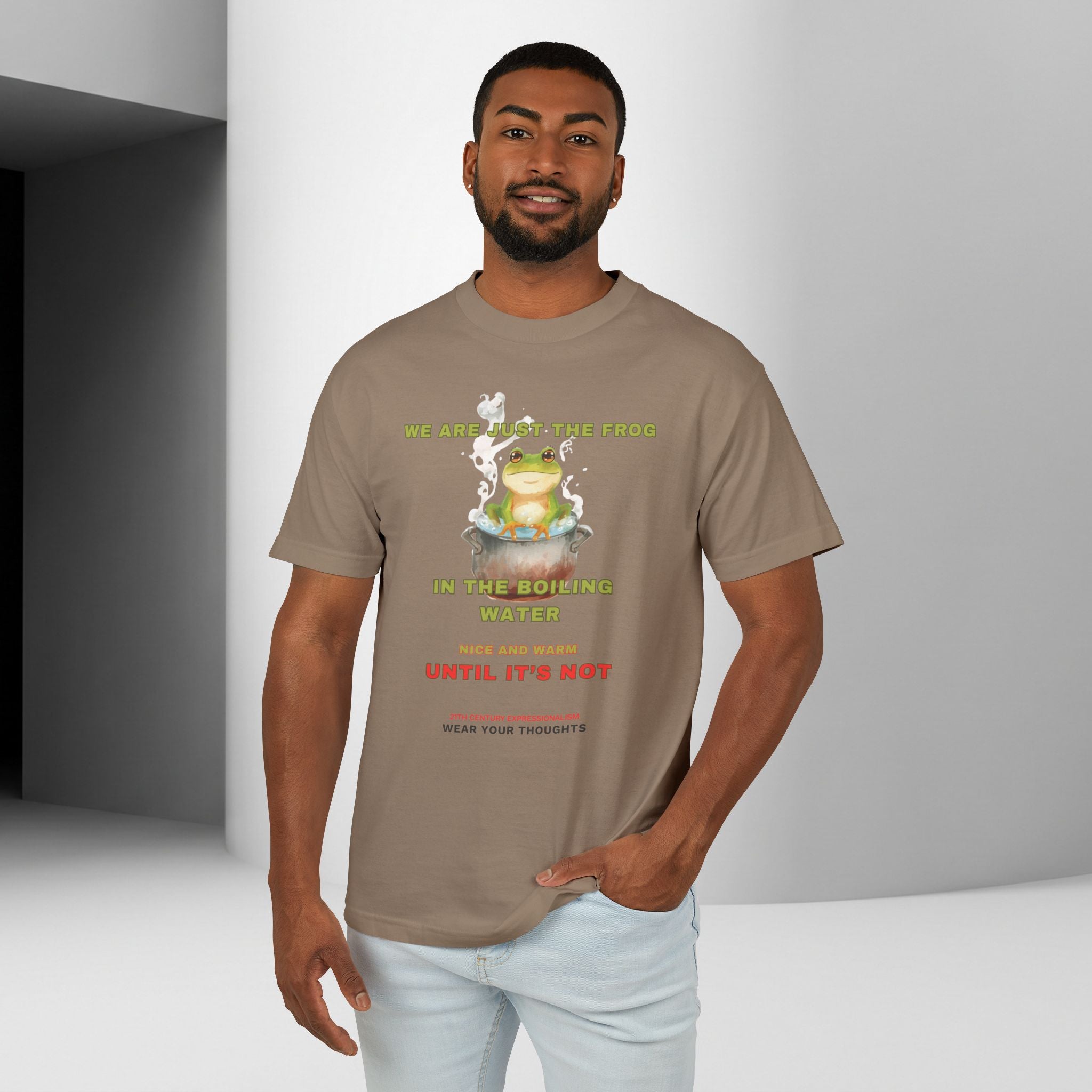 Graphic Unisex Tee — 'We Are Just The Frog in the Boiling Water' Funny Frog Shirt