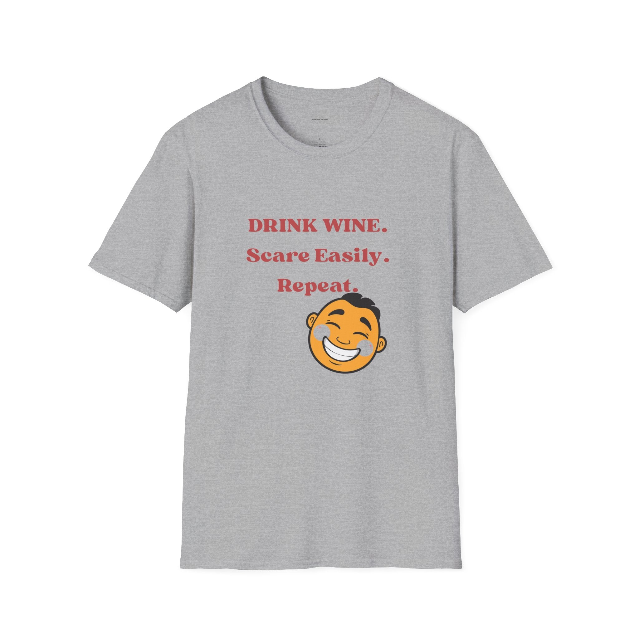 Drink Wine, Scare Easily, Repeat T-Shirt | Funny Smiling Face Graphic Tee