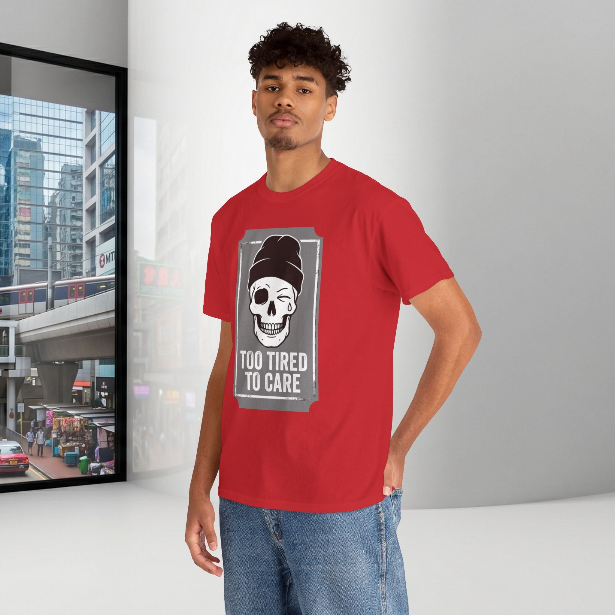 Too Tired To Care Skull T-Shirt | Funny Sarcastic Graphic Tee for the Exhausted