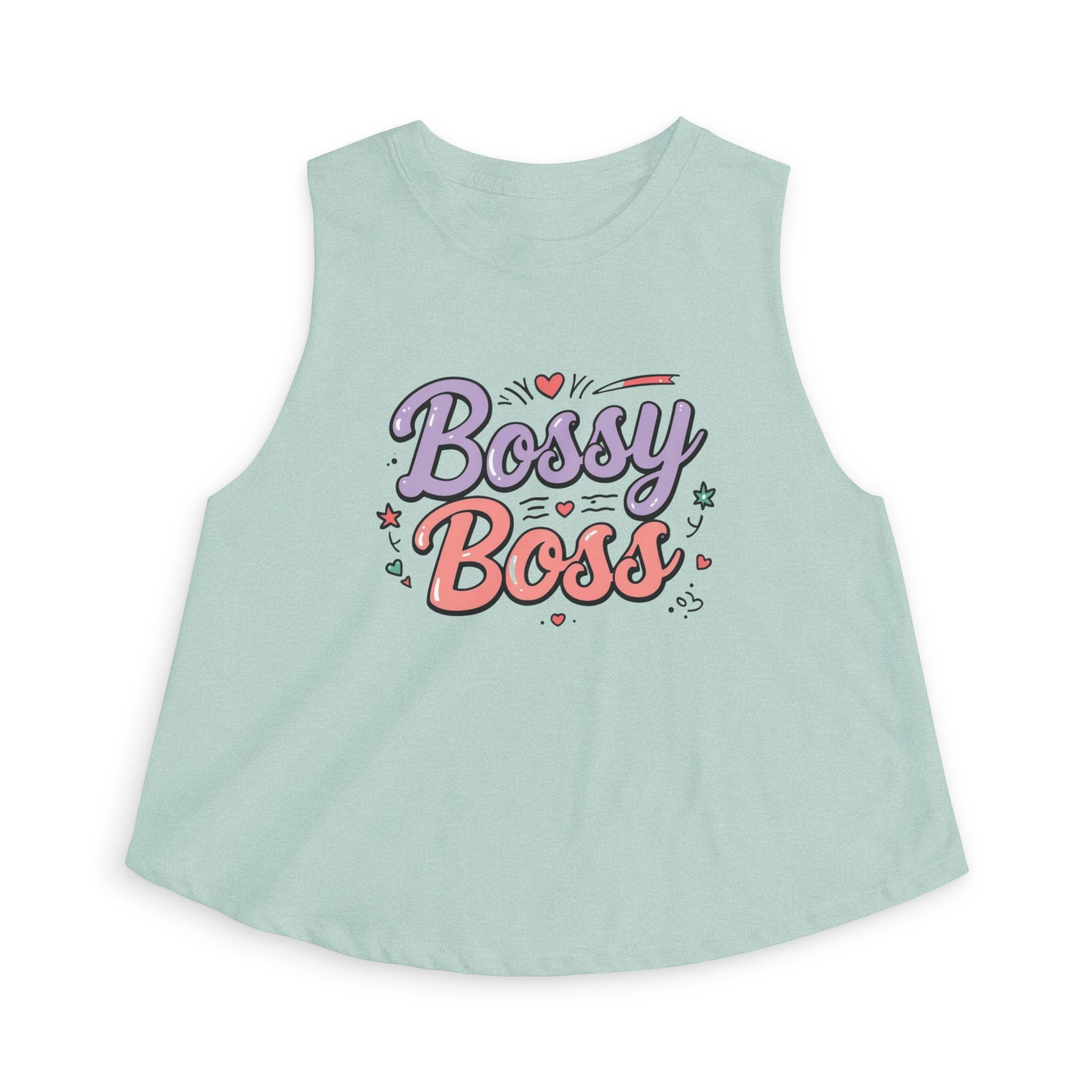 Bossy Boss Crop Top | Retro Script Graphic Top with Pastel Hearts & Stars