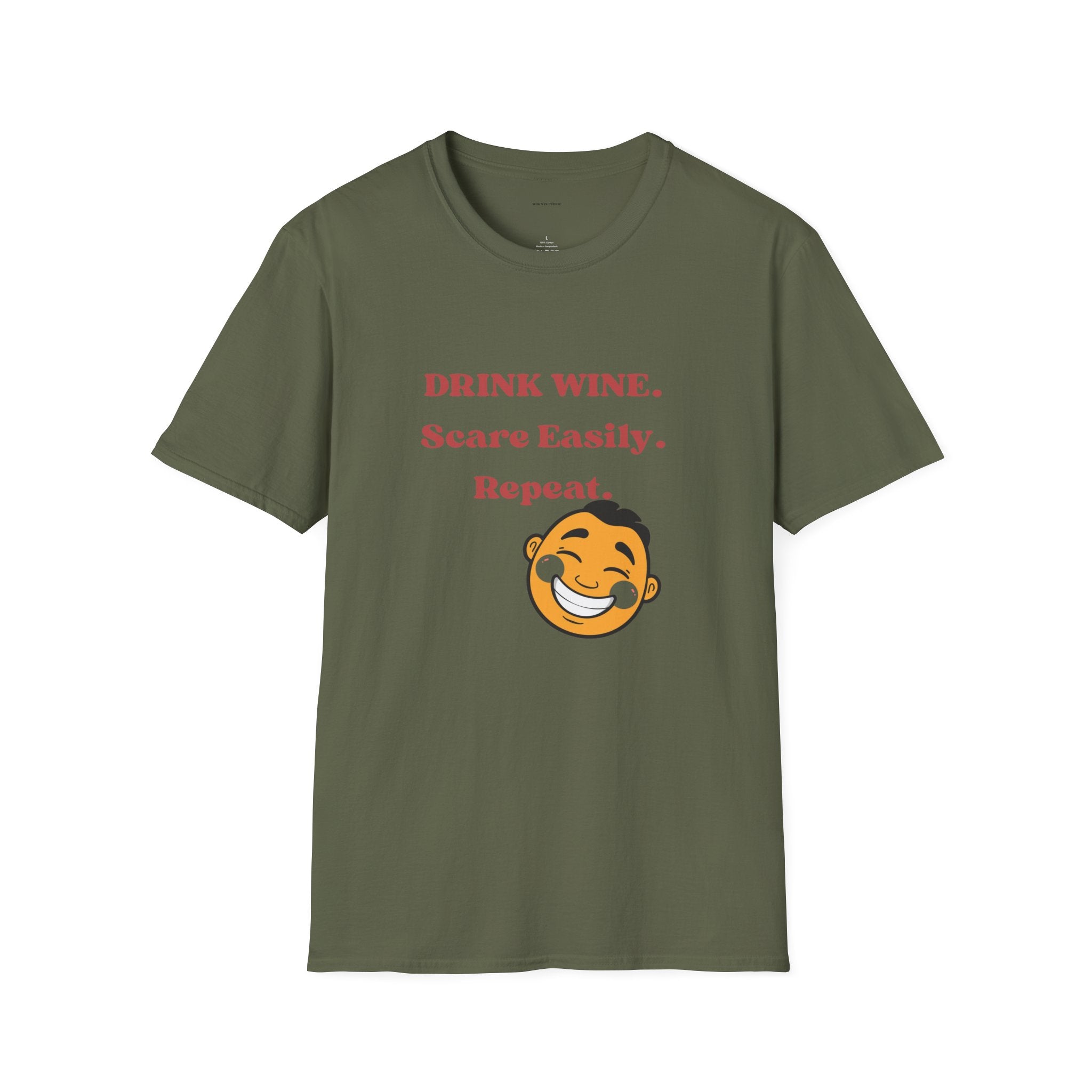 Drink Wine, Scare Easily, Repeat T-Shirt | Funny Smiling Face Graphic Tee