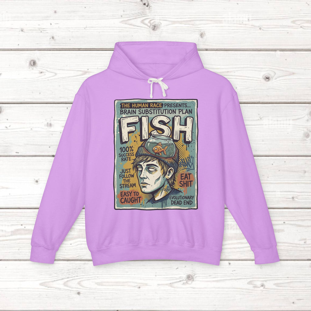 Fish Brain Substitution Plan Hoodie — Vintage Unisex Surreal Graphic Pullover