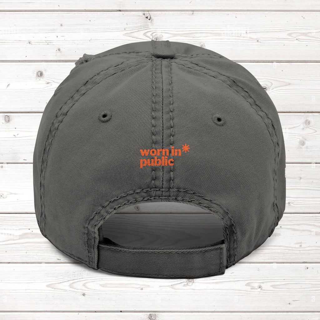 Distressed Embroidered Hat CART returner — Orange Pin & “Worn in Public”