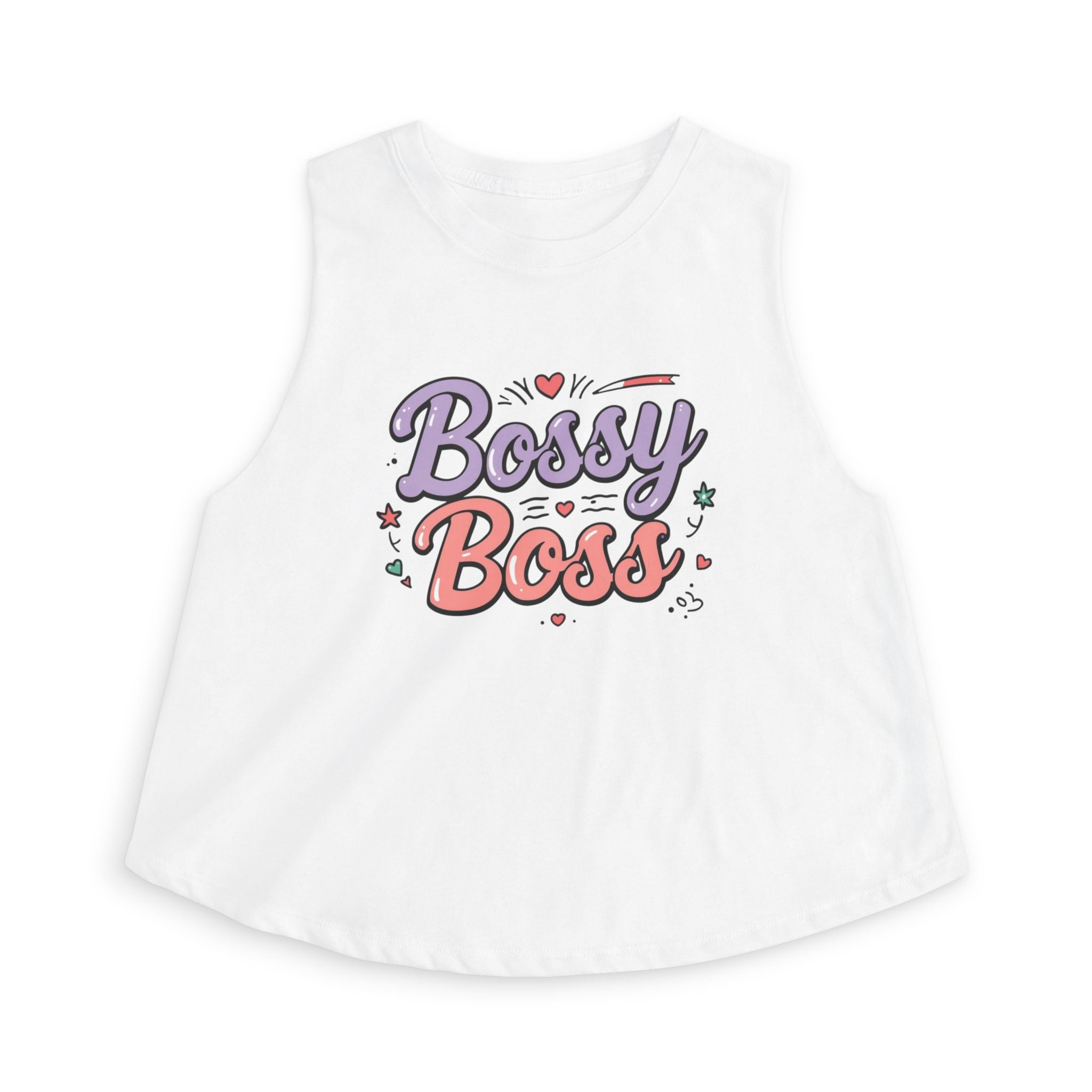 Bossy Boss Crop Top | Retro Script Graphic Top with Pastel Hearts & Stars