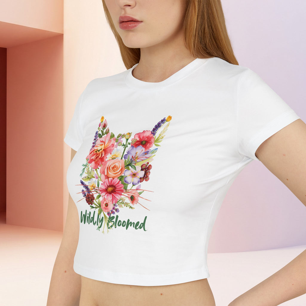 Wildly Bloomed Floral Cat Women's Baby Tee | Cute Botanical Graphic Top