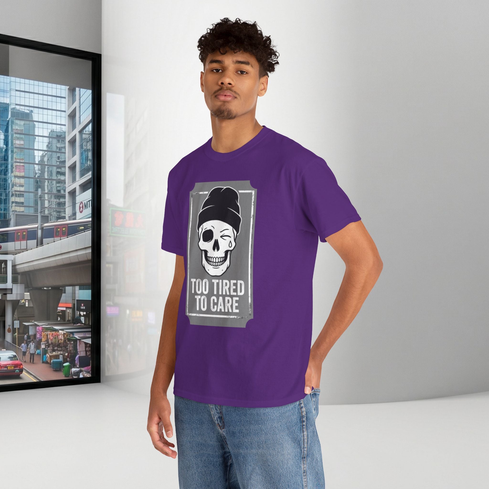 Too Tired To Care Skull T-Shirt | Funny Sarcastic Graphic Tee for the Exhausted