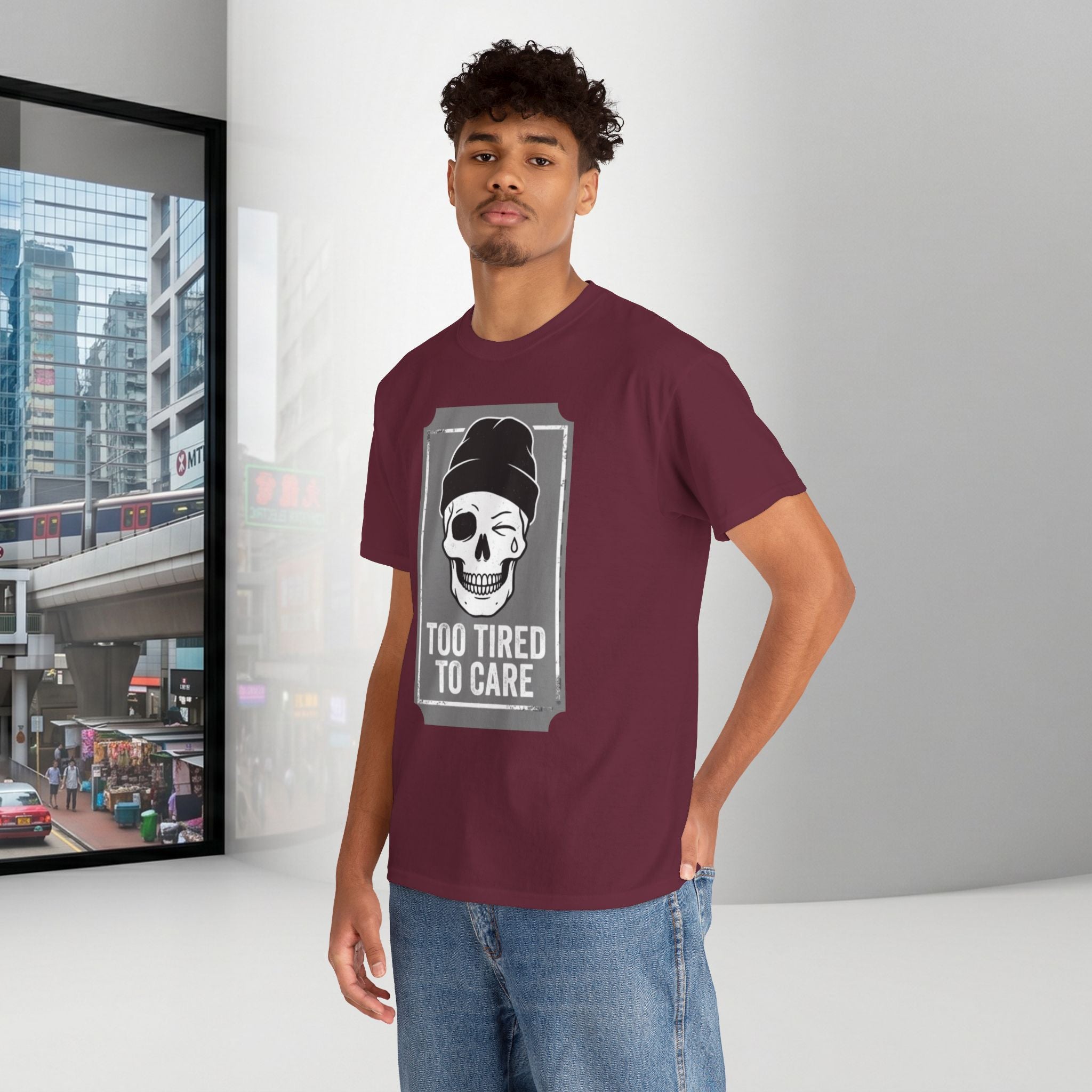 Too Tired To Care Skull T-Shirt | Funny Sarcastic Graphic Tee for the Exhausted
