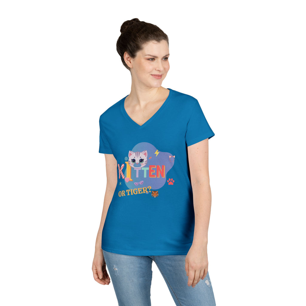 Kitten or Tiger? V-Neck T-Shirt | Cute Cat Illustration Pastel Graphic Tee