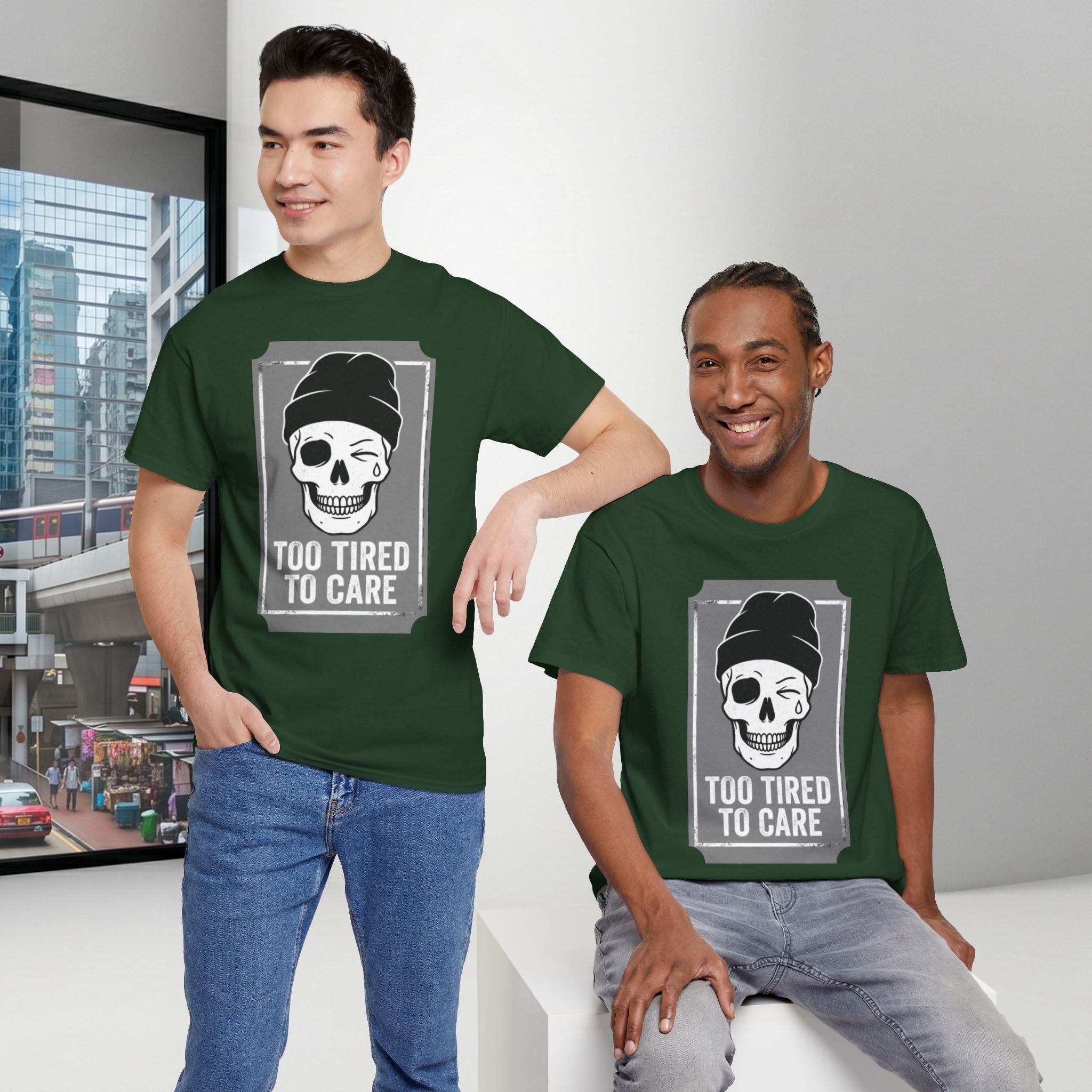 Too Tired To Care Skull T-Shirt | Funny Sarcastic Graphic Tee for the Exhausted