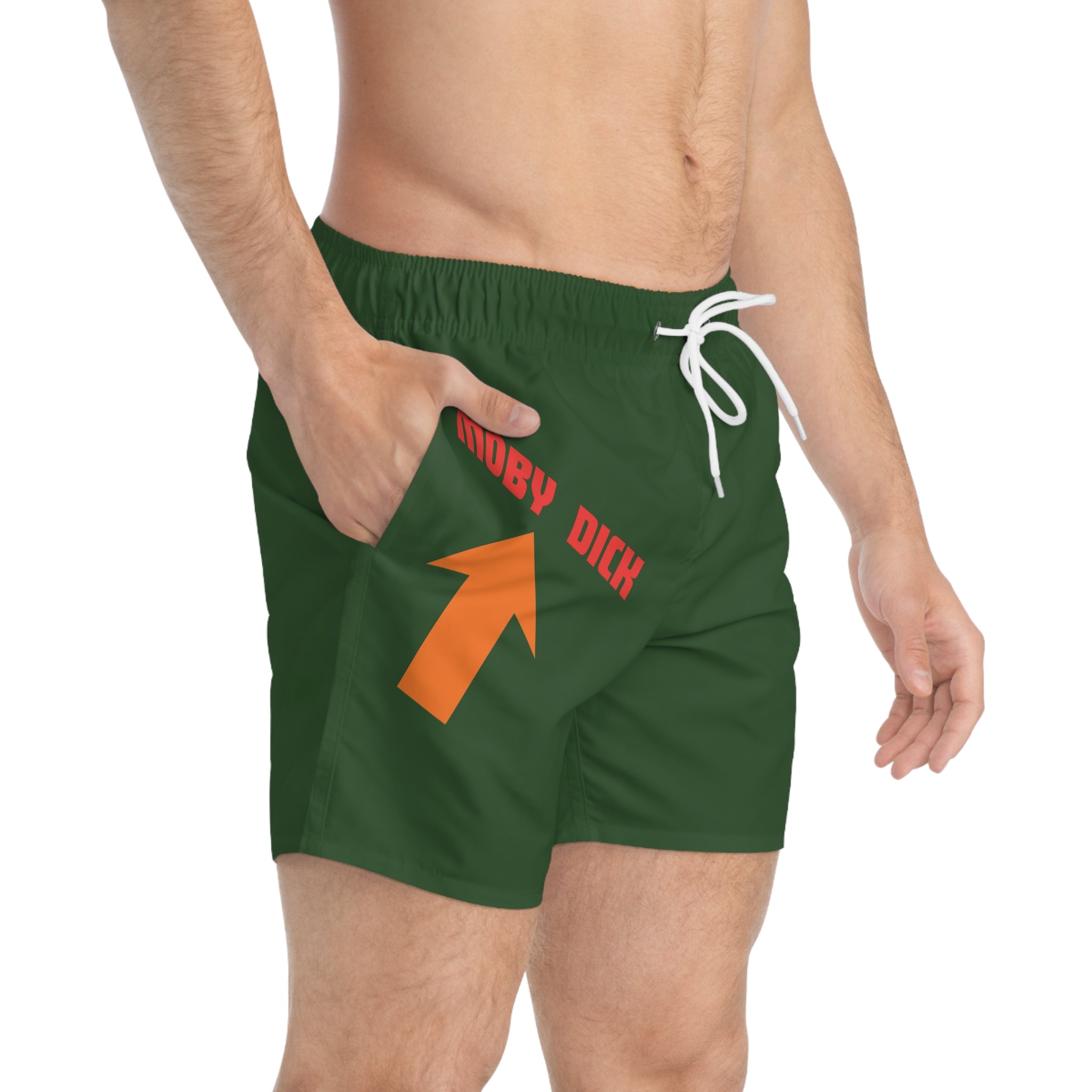 Moby Dick Arrow Swim Trunks | Green Graphic Beach Shorts