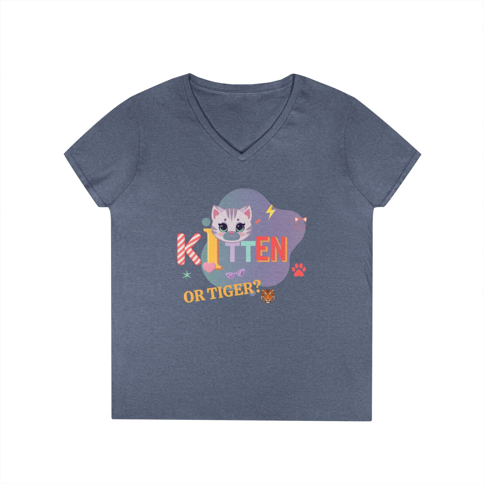 Kitten or Tiger? V-Neck T-Shirt | Cute Cat Illustration Pastel Graphic Tee