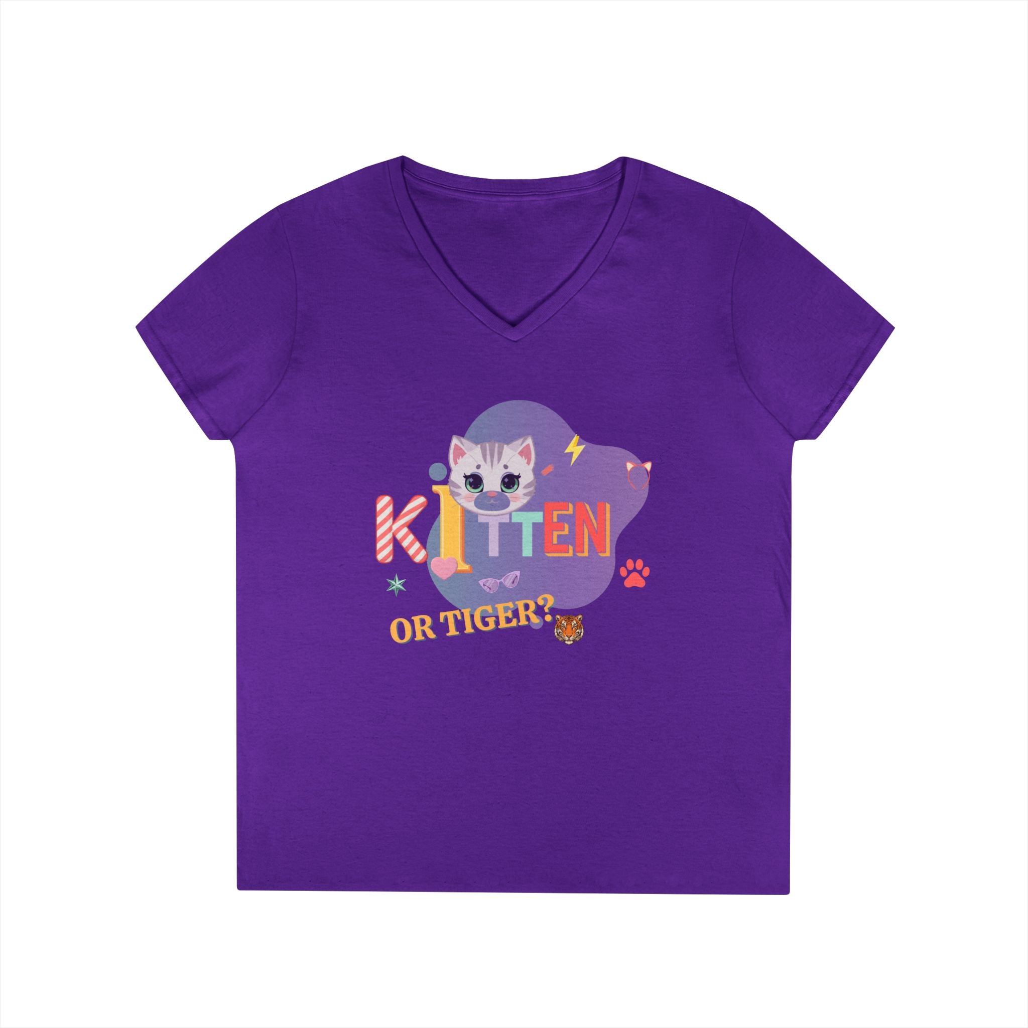 Kitten or Tiger? V-Neck T-Shirt | Cute Cat Illustration Pastel Graphic Tee