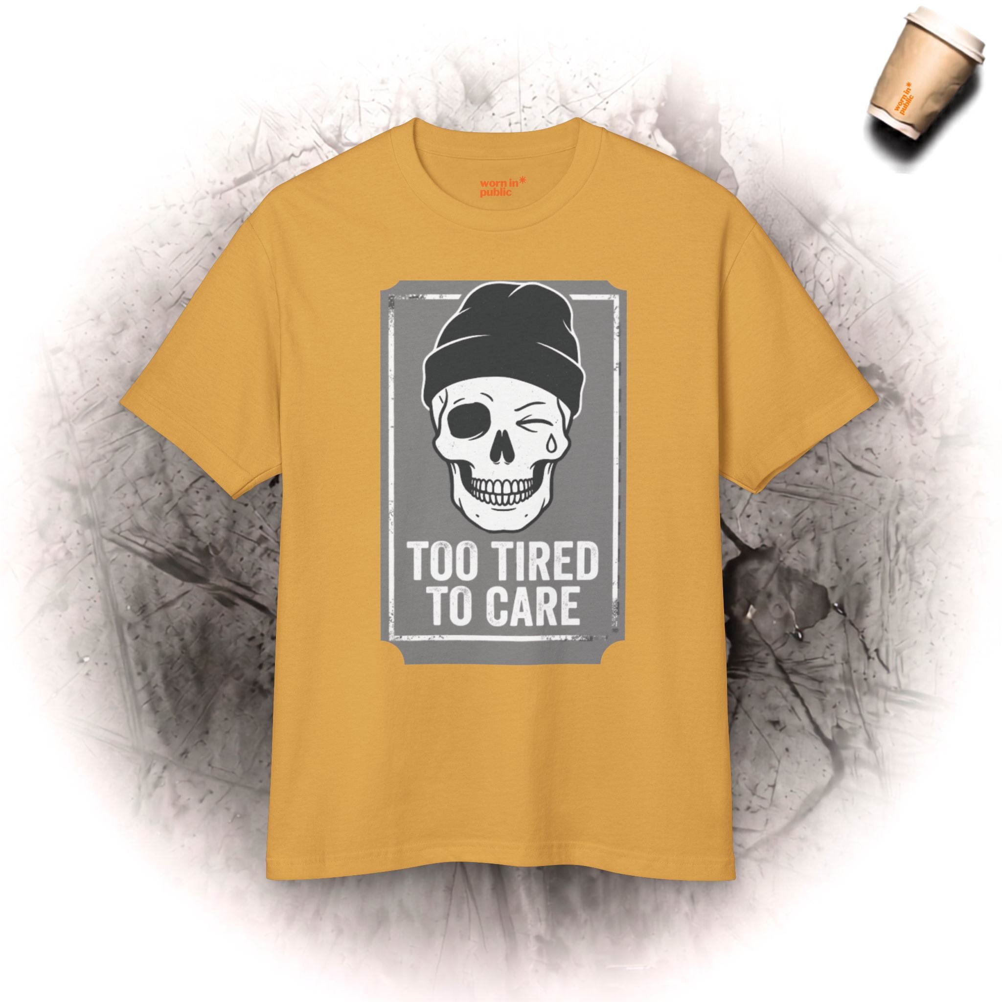 T-Shirt mit Totenkopfmotiv „Too Tired To Care“ | Lustiges, sarkastisches Grafik-T-Shirt für Erschöpfte