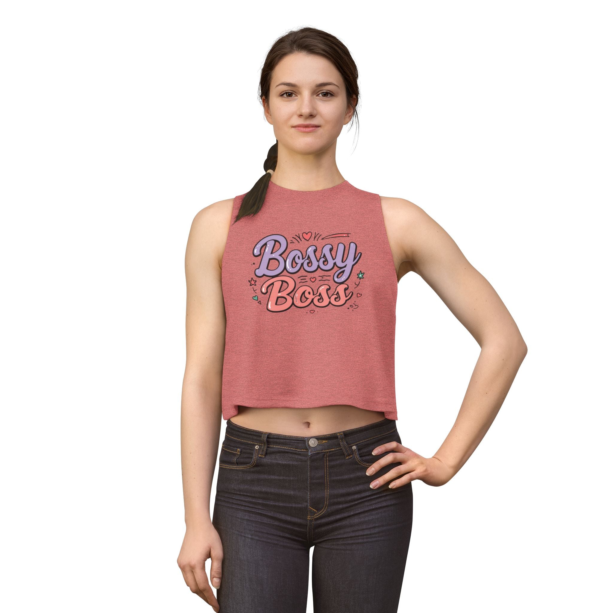 Bossy Boss Crop Top | Retro Script Graphic Top with Pastel Hearts & Stars