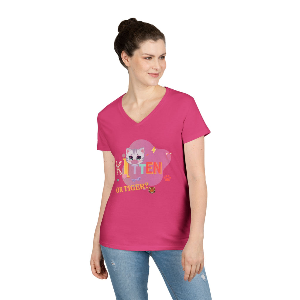 Kitten or Tiger? V-Neck T-Shirt | Cute Cat Illustration Pastel Graphic Tee