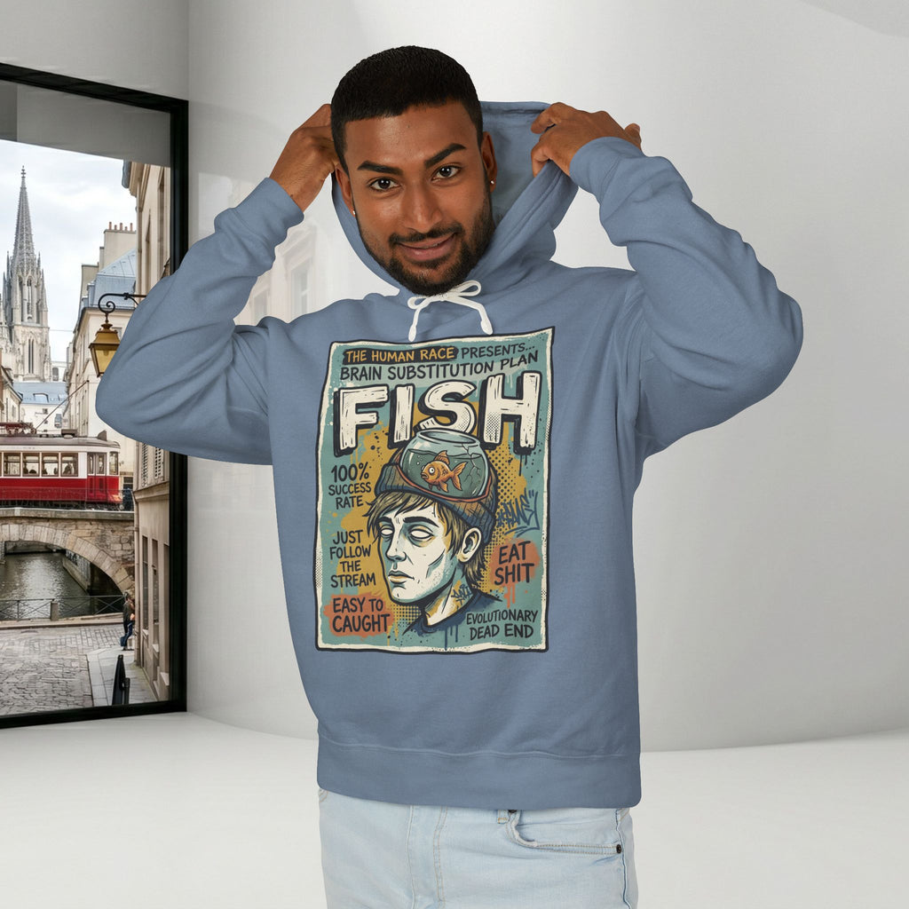 Fish Brain Substitution Plan Hoodie — Vintage Unisex Surreal Graphic Pullover