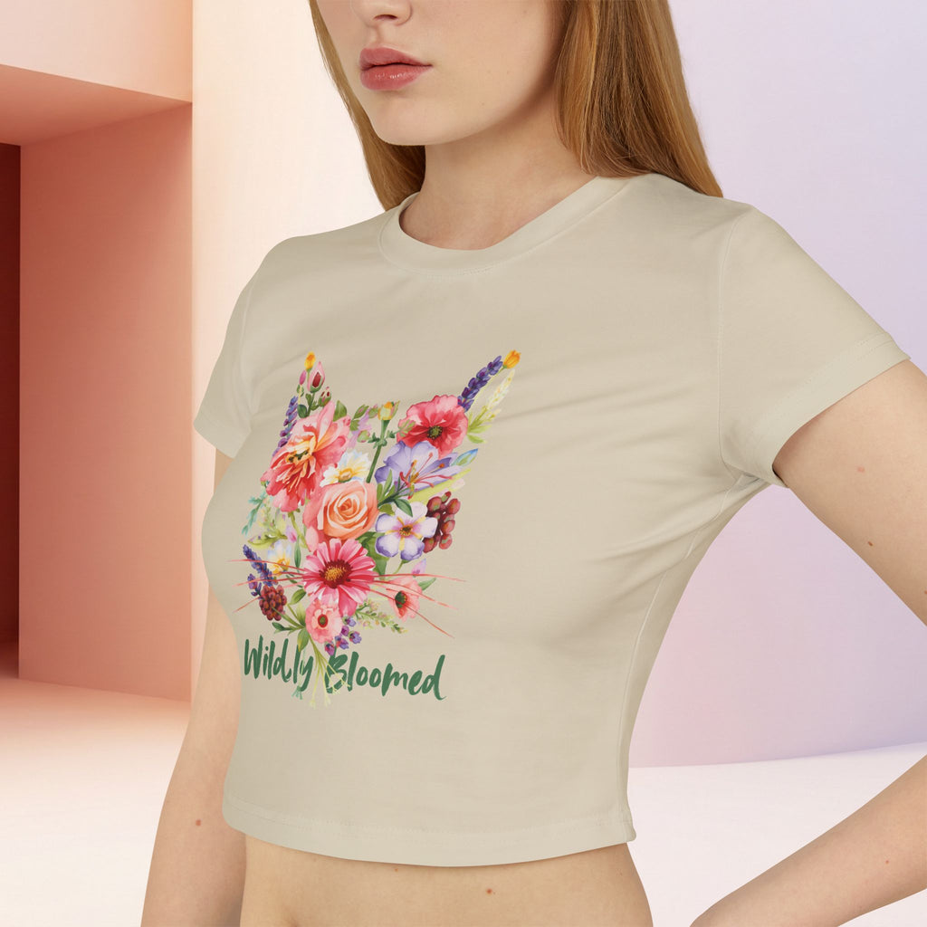 Wildly Bloomed Floral Cat Women's Baby Tee | Cute Botanical Graphic Top