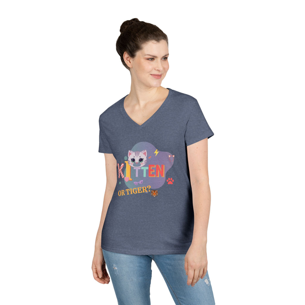 Kitten or Tiger? V-Neck T-Shirt | Cute Cat Illustration Pastel Graphic Tee