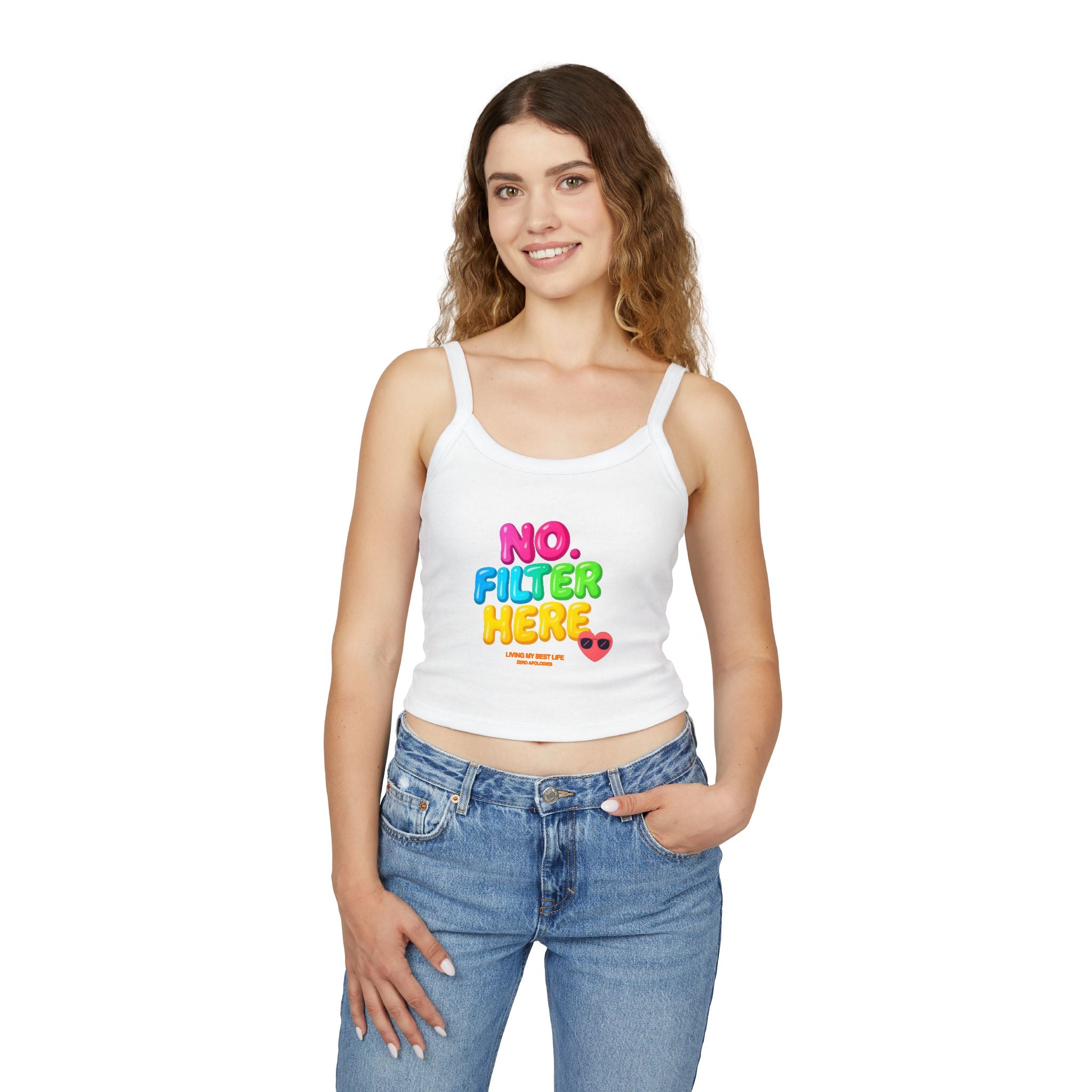 No Filter Here Spaghetti Strap Tank Top | Colorful Bubble Letter Slogan