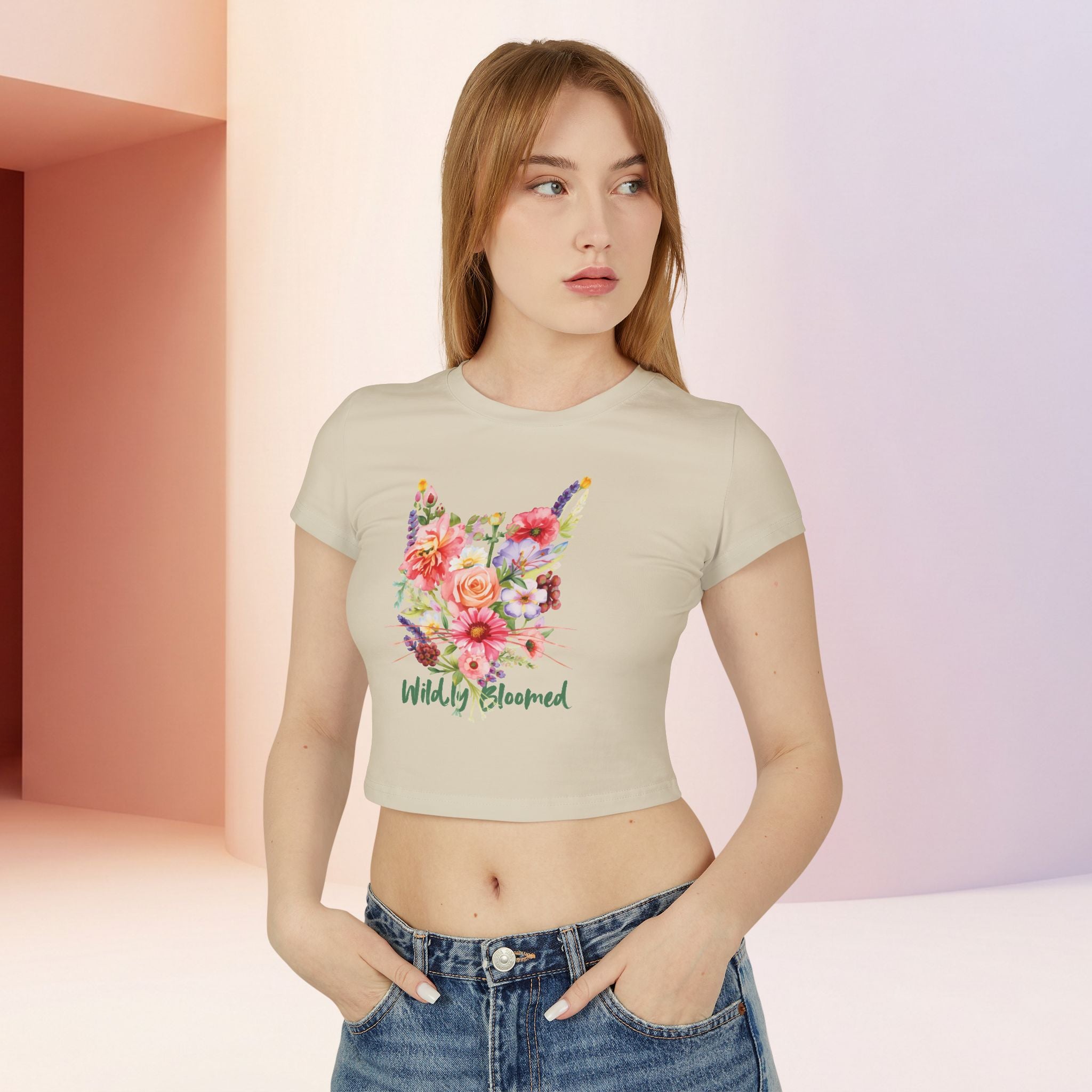 Wildly Bloomed Floral Cat Women's Baby Tee | Cute Botanical Graphic Top