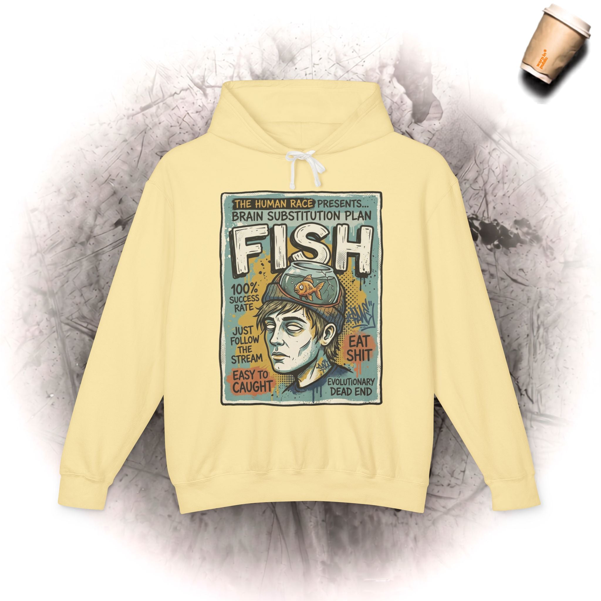 Kapuzenpullover „Fischhirn-Ersatzplan“ – Vintage Unisex Surrealistisches Grafik-Sweatshirt
