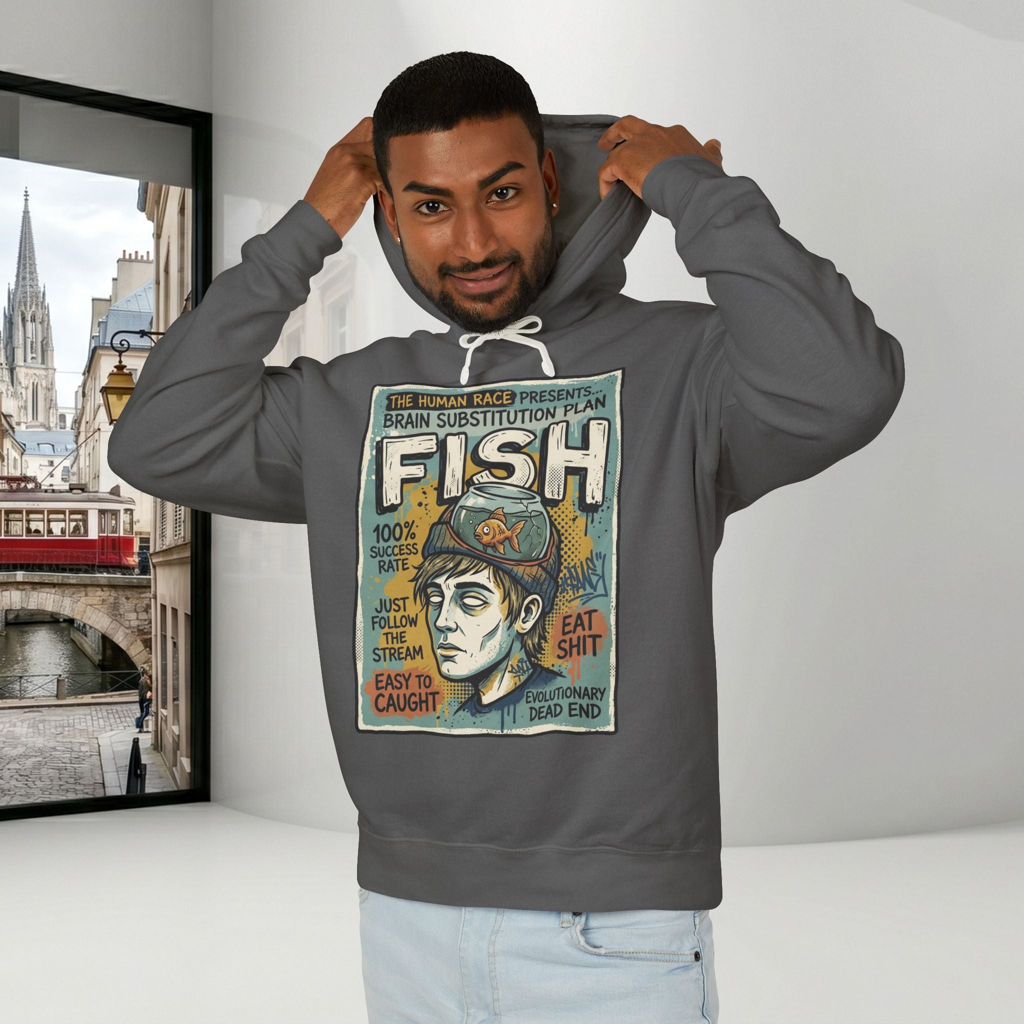 Fish Brain Substitution Plan Hoodie — Vintage Unisex Surreal Graphic Pullover