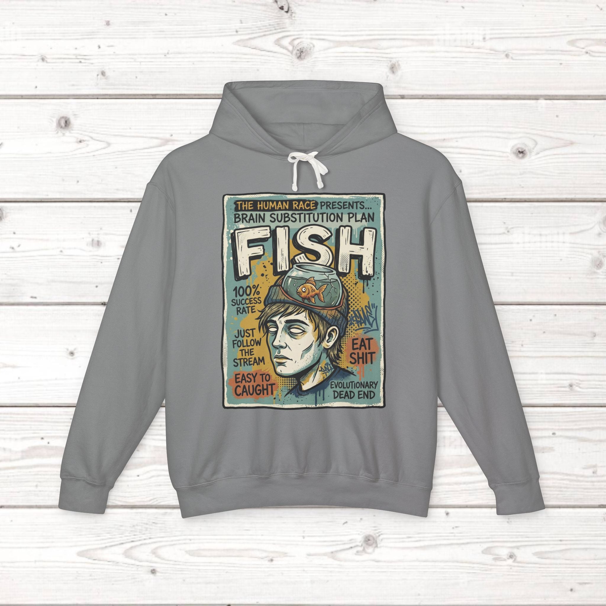 Fish Brain Substitution Plan Hoodie — Vintage Unisex Surreal Graphic Pullover