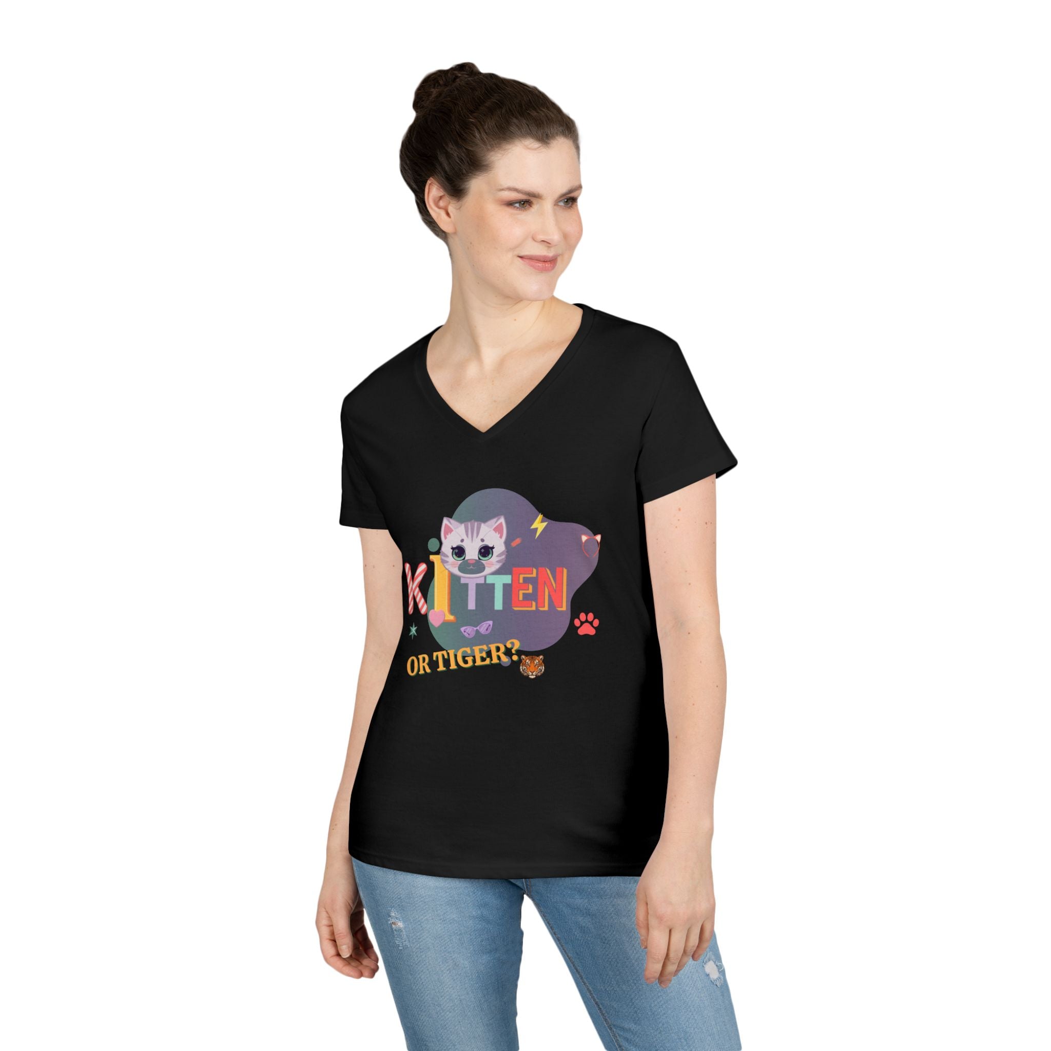 Kitten or Tiger? V-Neck T-Shirt | Cute Cat Illustration Pastel Graphic Tee