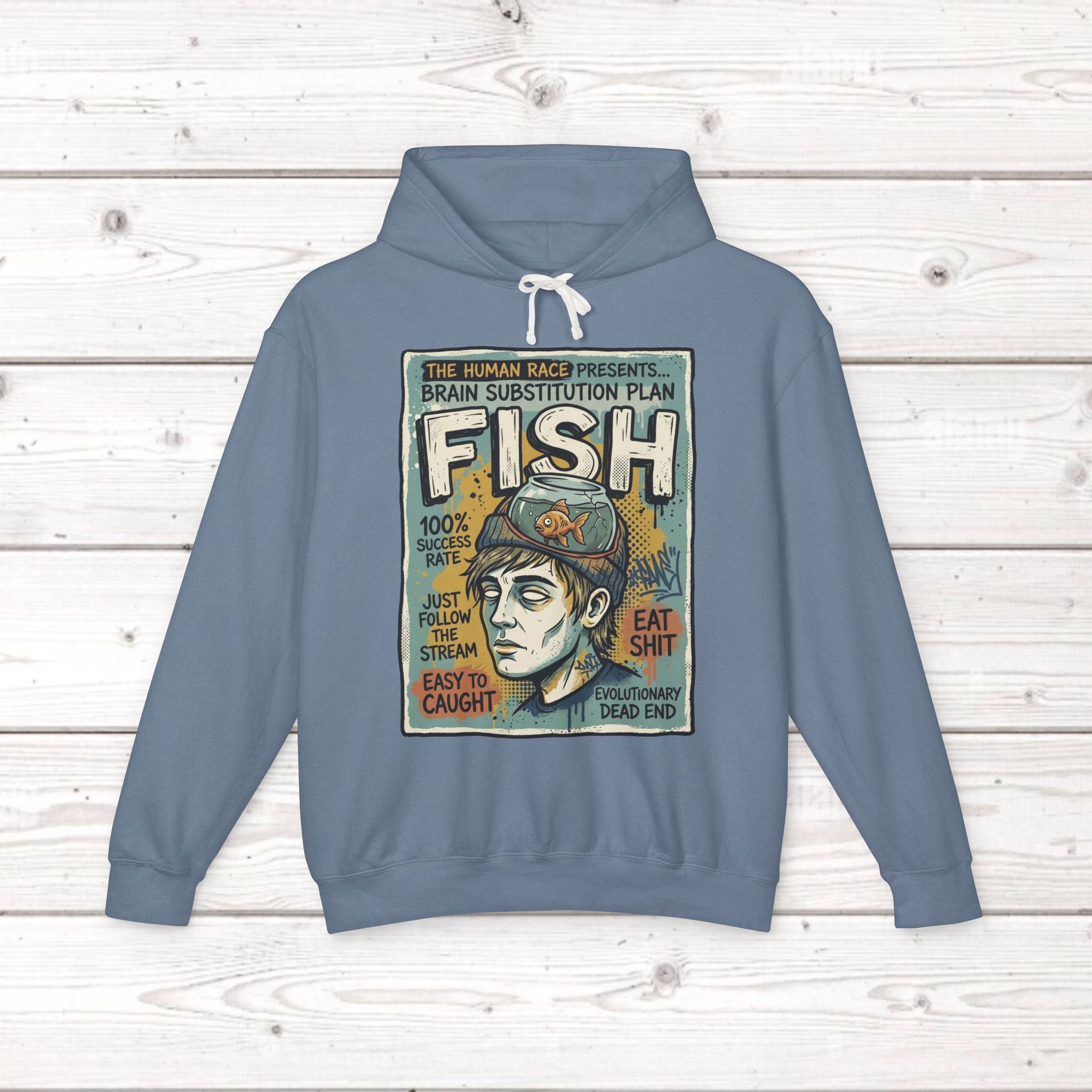 Fish Brain Substitution Plan Hoodie — Vintage Unisex Surreal Graphic Pullover