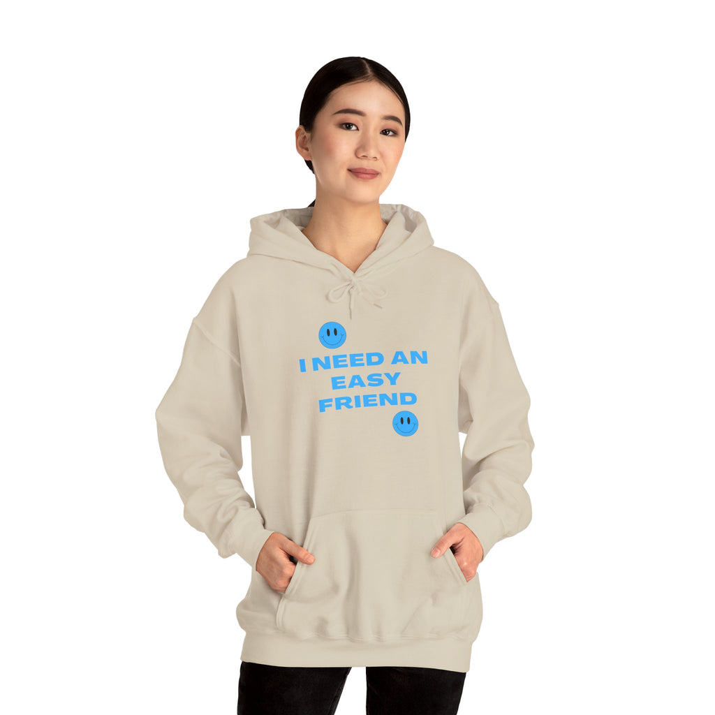 I Need an Easy Friend Ladies Hoodie | Minimalist Cute Blue Button Graphic Sweatshirt