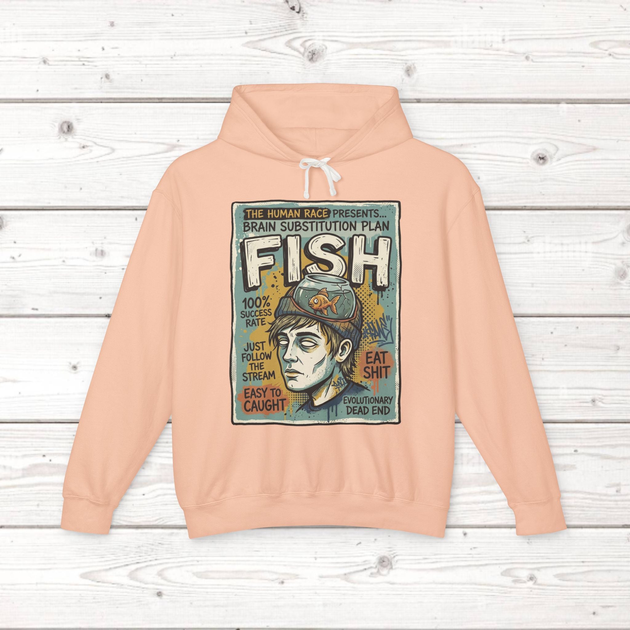 Fish Brain Substitution Plan Hoodie — Vintage Unisex Surreal Graphic Pullover