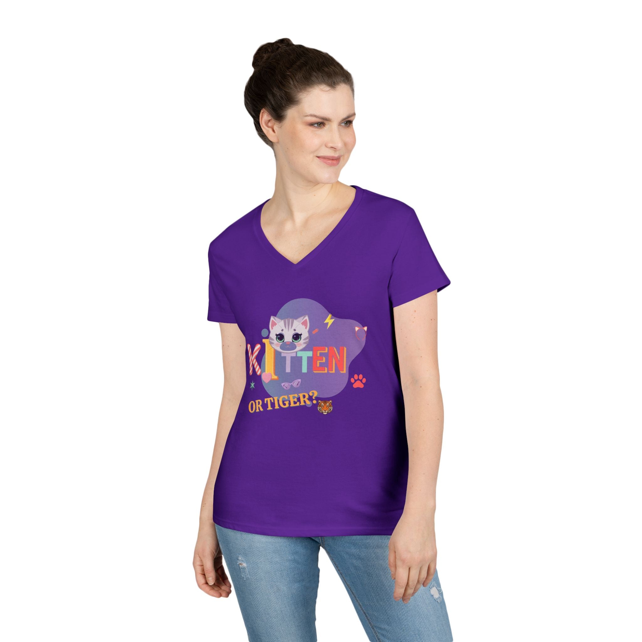 Kitten or Tiger? V-Neck T-Shirt | Cute Cat Illustration Pastel Graphic Tee