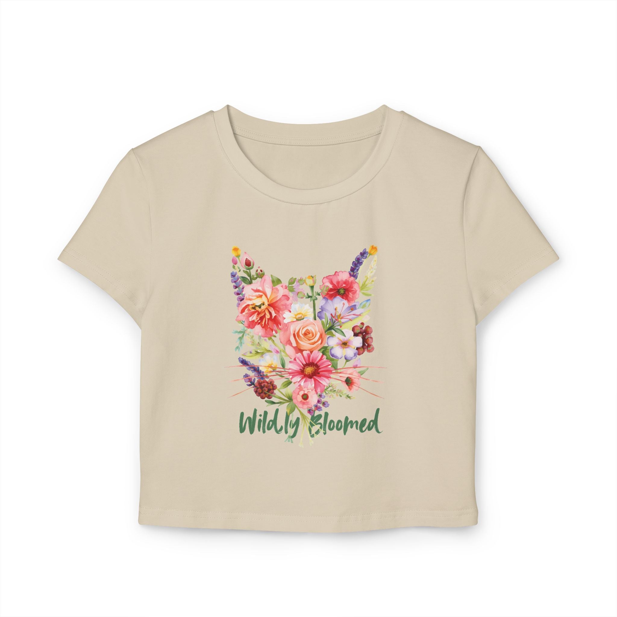 Wildly Bloomed Floral Cat Women's Baby Tee | Cute Botanical Graphic Top