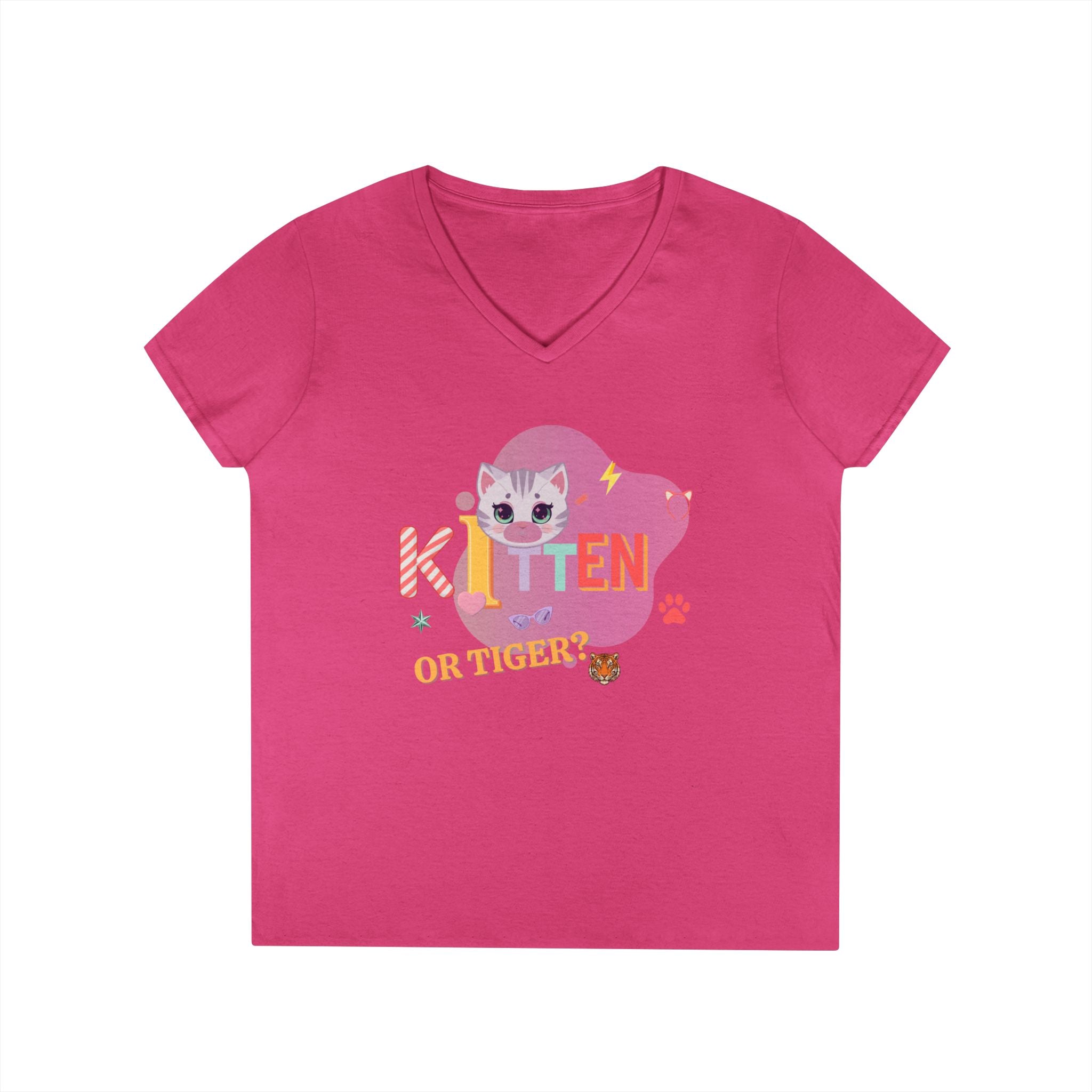 Kitten or Tiger? V-Neck T-Shirt | Cute Cat Illustration Pastel Graphic Tee