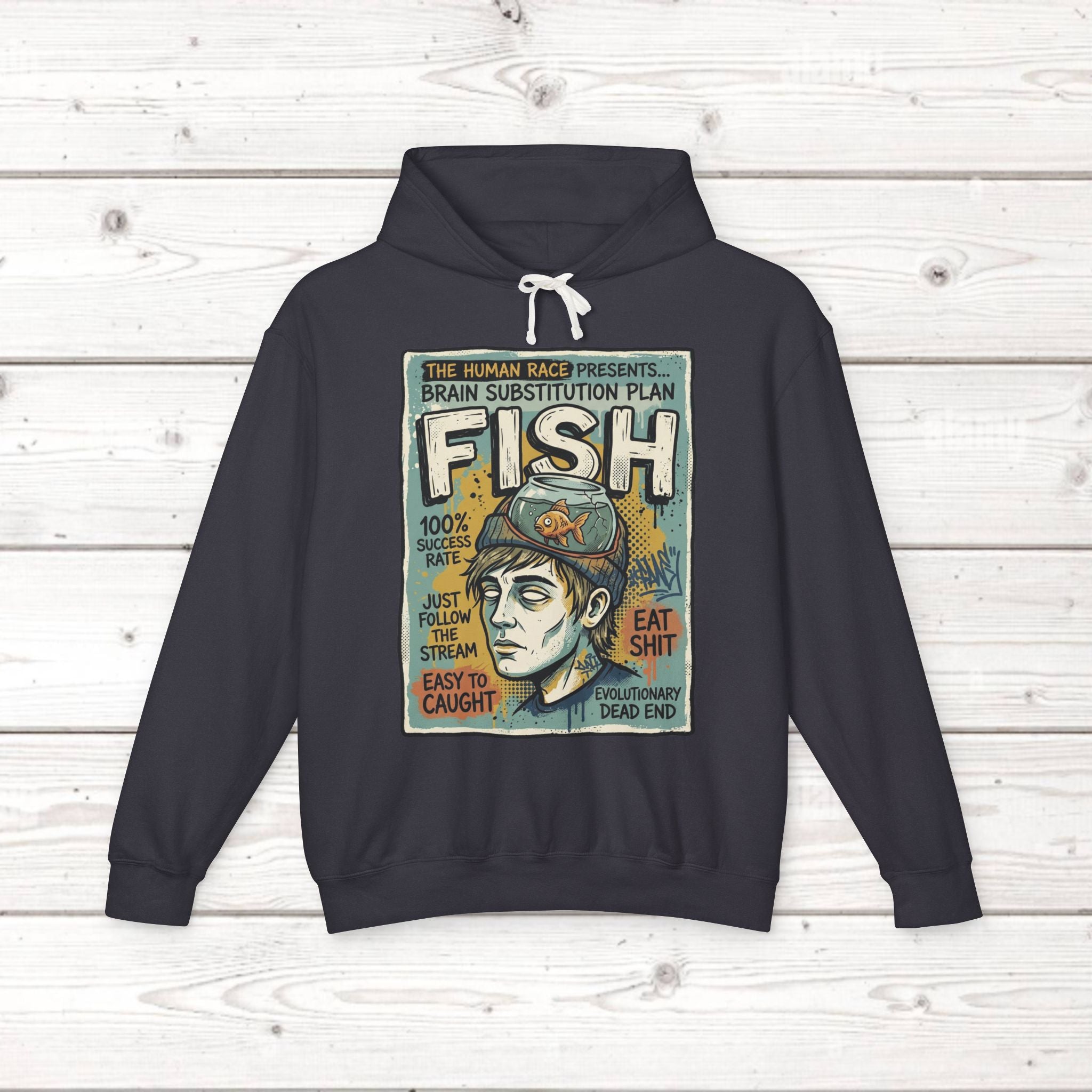 Fish Brain Substitution Plan Hoodie — Vintage Unisex Surreal Graphic Pullover