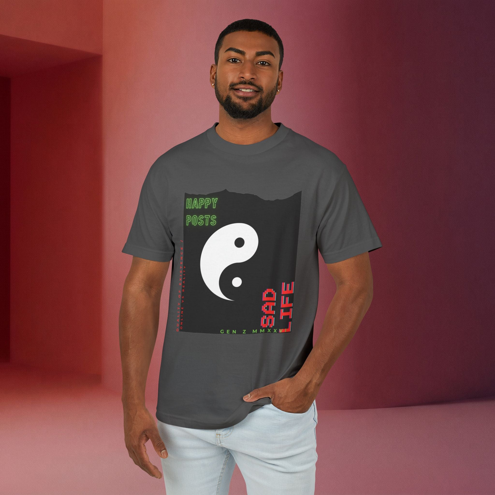Yin Yang 'Happy Posts / Sad Life' | Vintage Garment-Dyed Unisex Graphic Tee