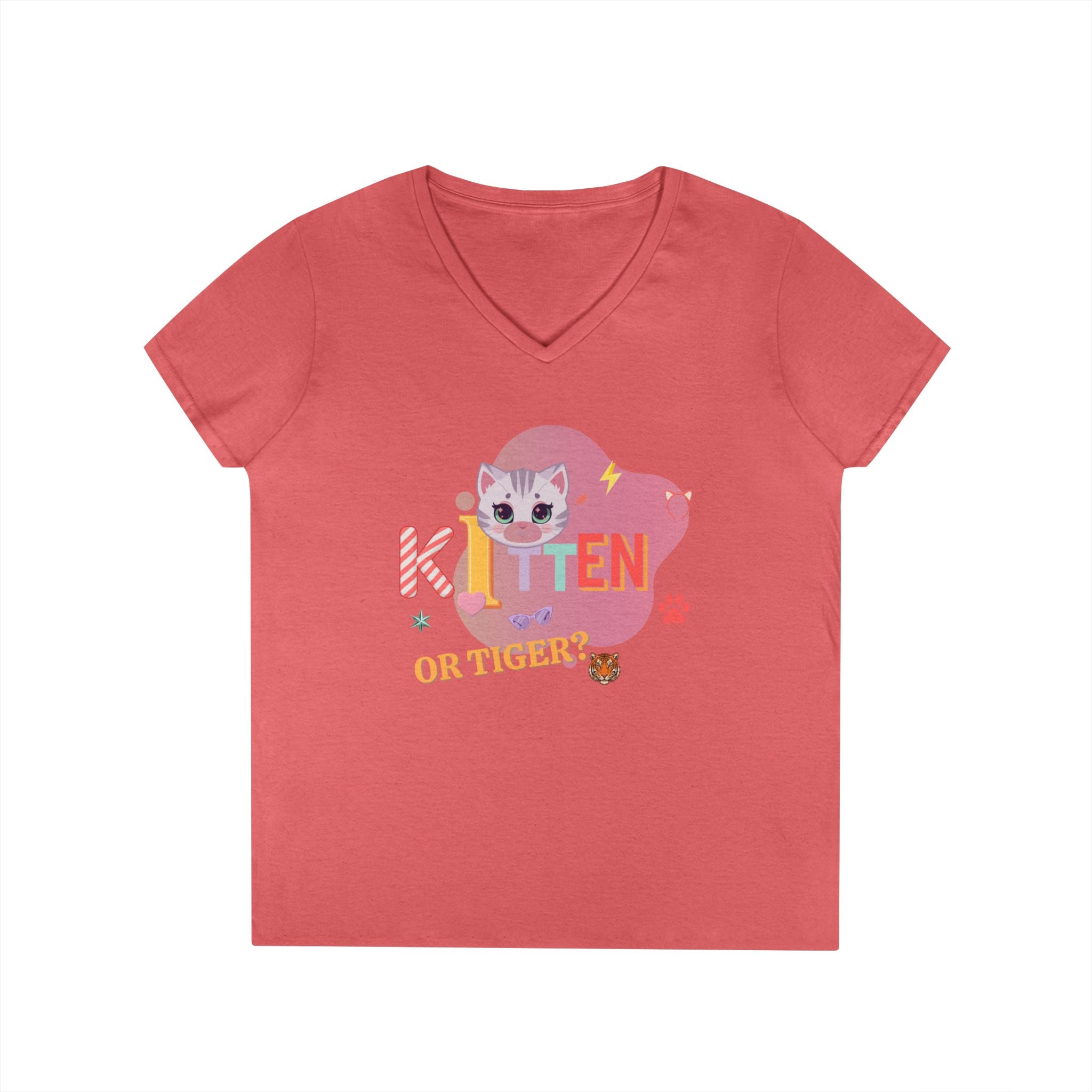 Kitten or Tiger? V-Neck T-Shirt | Cute Cat Illustration Pastel Graphic Tee