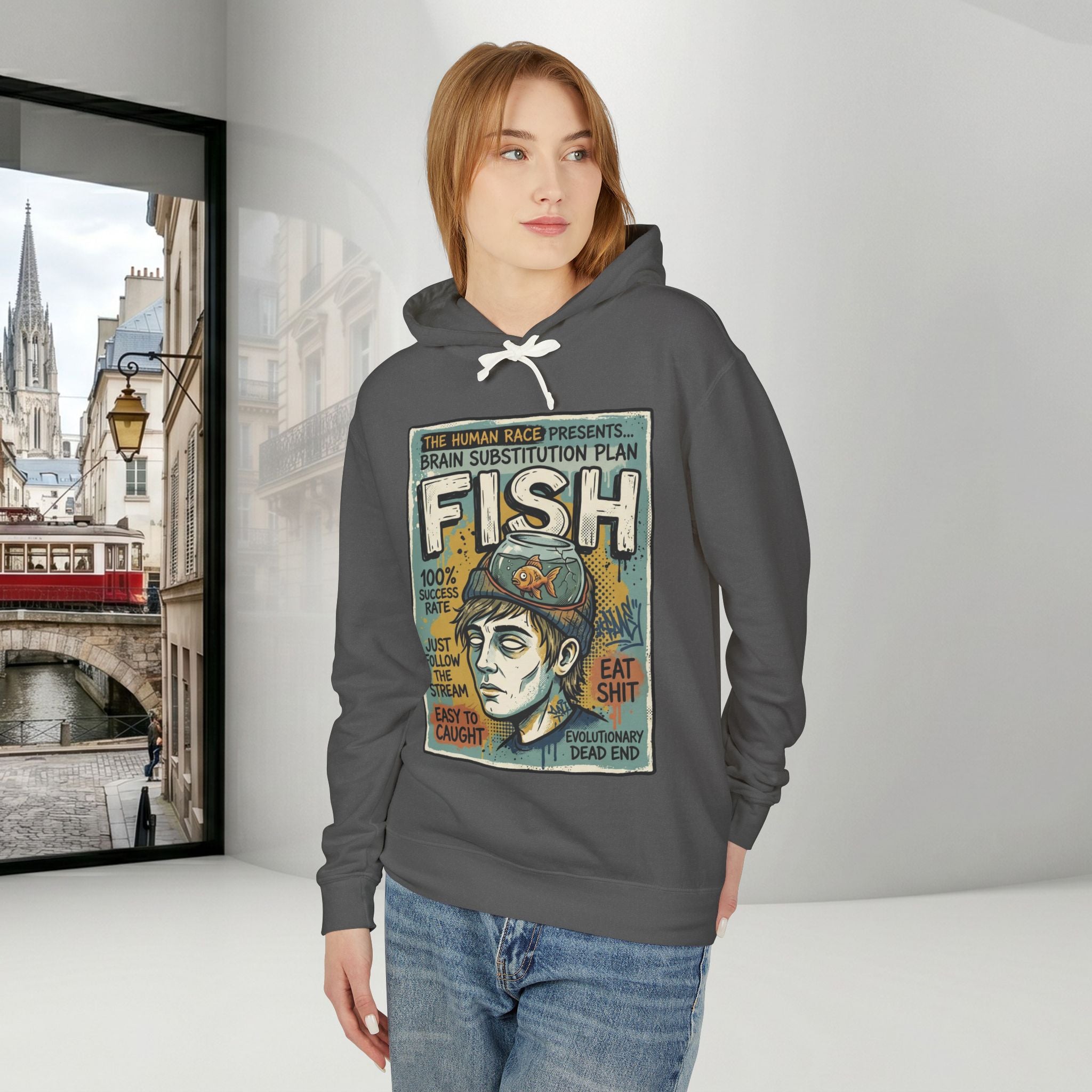 Fish Brain Substitution Plan Hoodie — Vintage Unisex Surreal Graphic Pullover