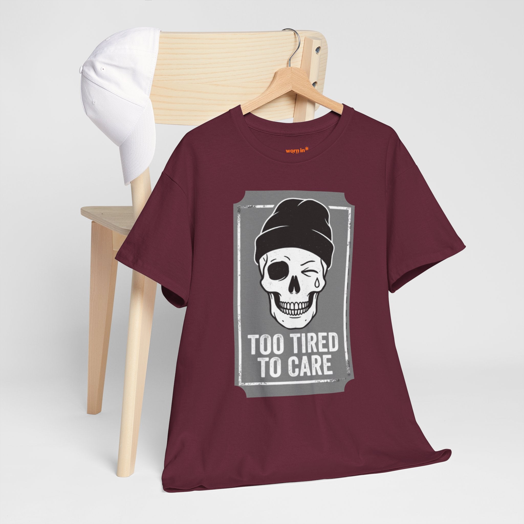 Too Tired To Care Skull T-Shirt | Funny Sarcastic Graphic Tee for the Exhausted