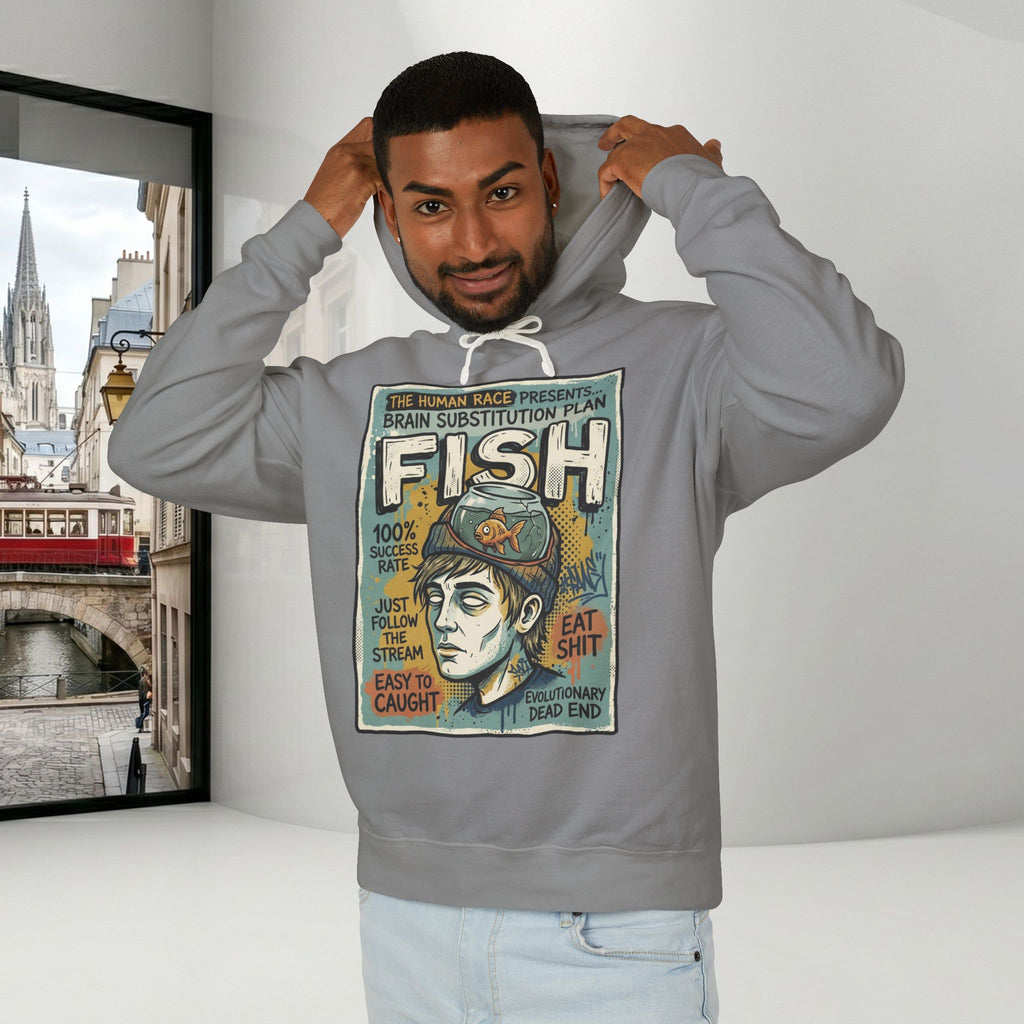 Fish Brain Substitution Plan Hoodie — Vintage Unisex Surreal Graphic Pullover