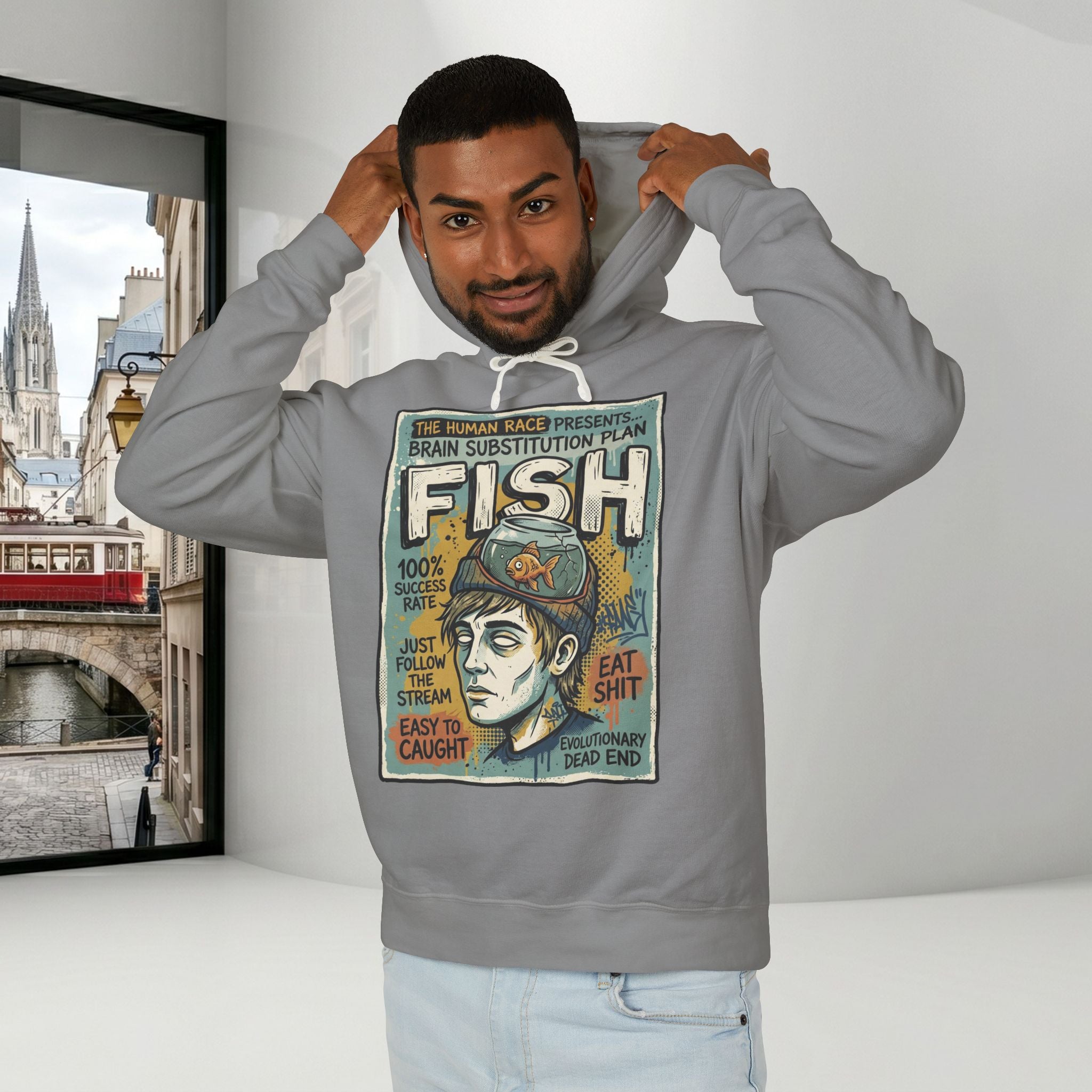 Fish Brain Substitution Plan Hoodie — Vintage Unisex Surreal Graphic Pullover