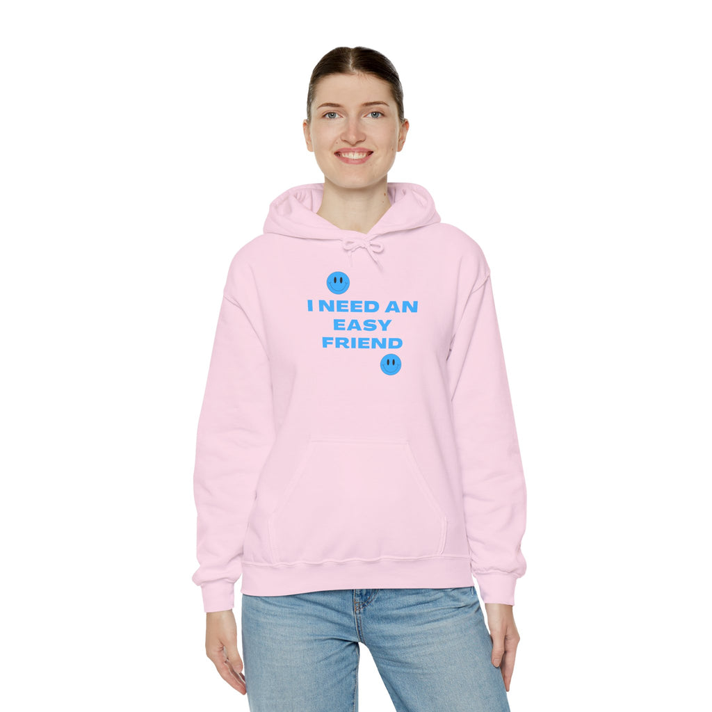 I Need an Easy Friend Ladies Hoodie | Minimalist Cute Blue Button Graphic Sweatshirt