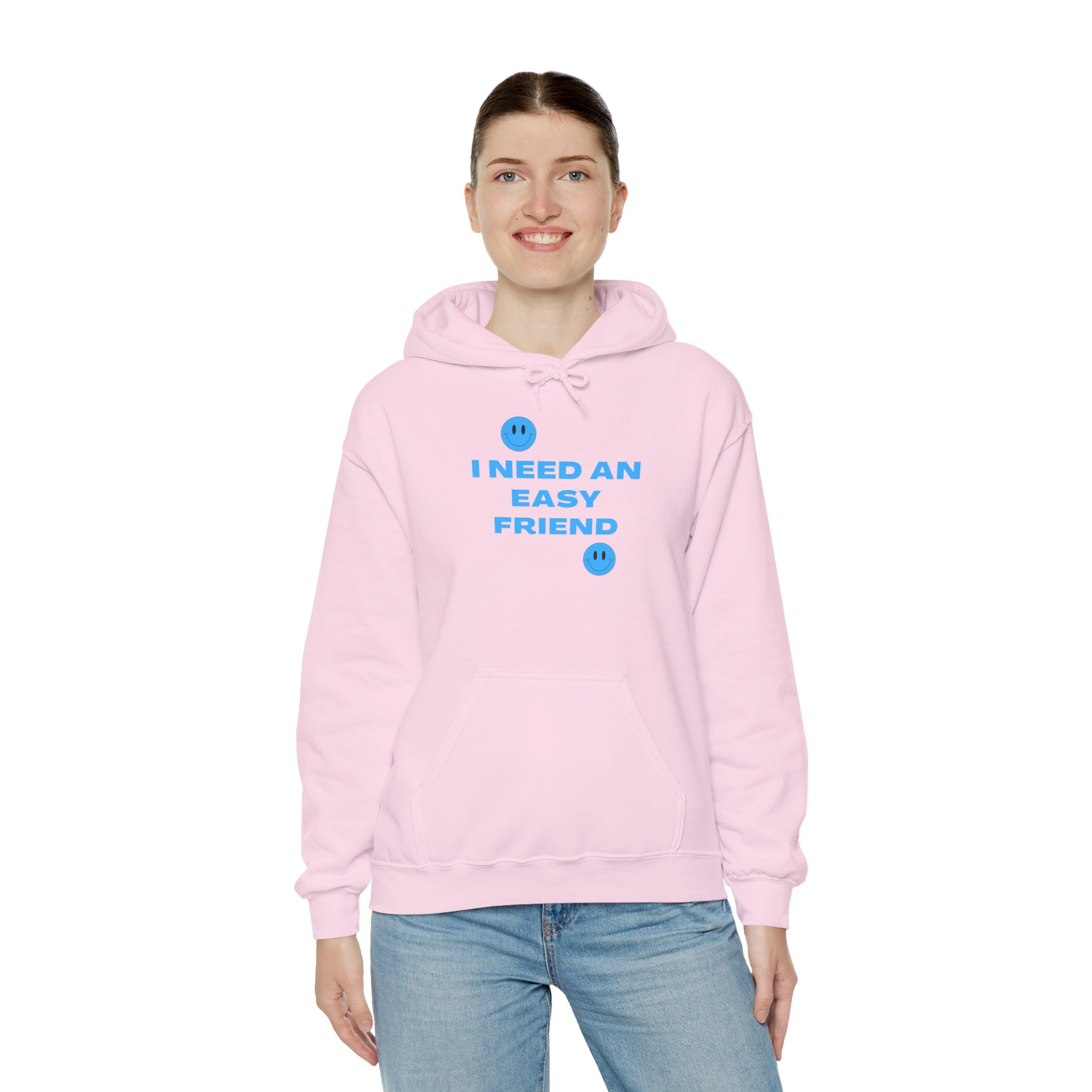 I Need an Easy Friend Ladies Hoodie | Minimalist Cute Blue Button Graphic Sweatshirt