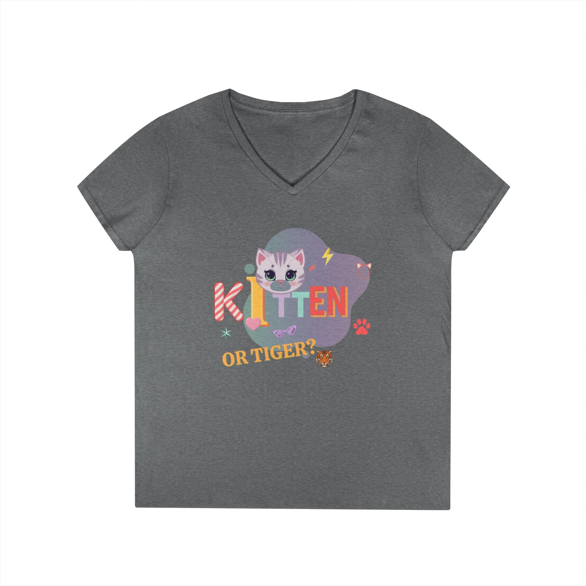 Kitten or Tiger? V-Neck T-Shirt | Cute Cat Illustration Pastel Graphic Tee
