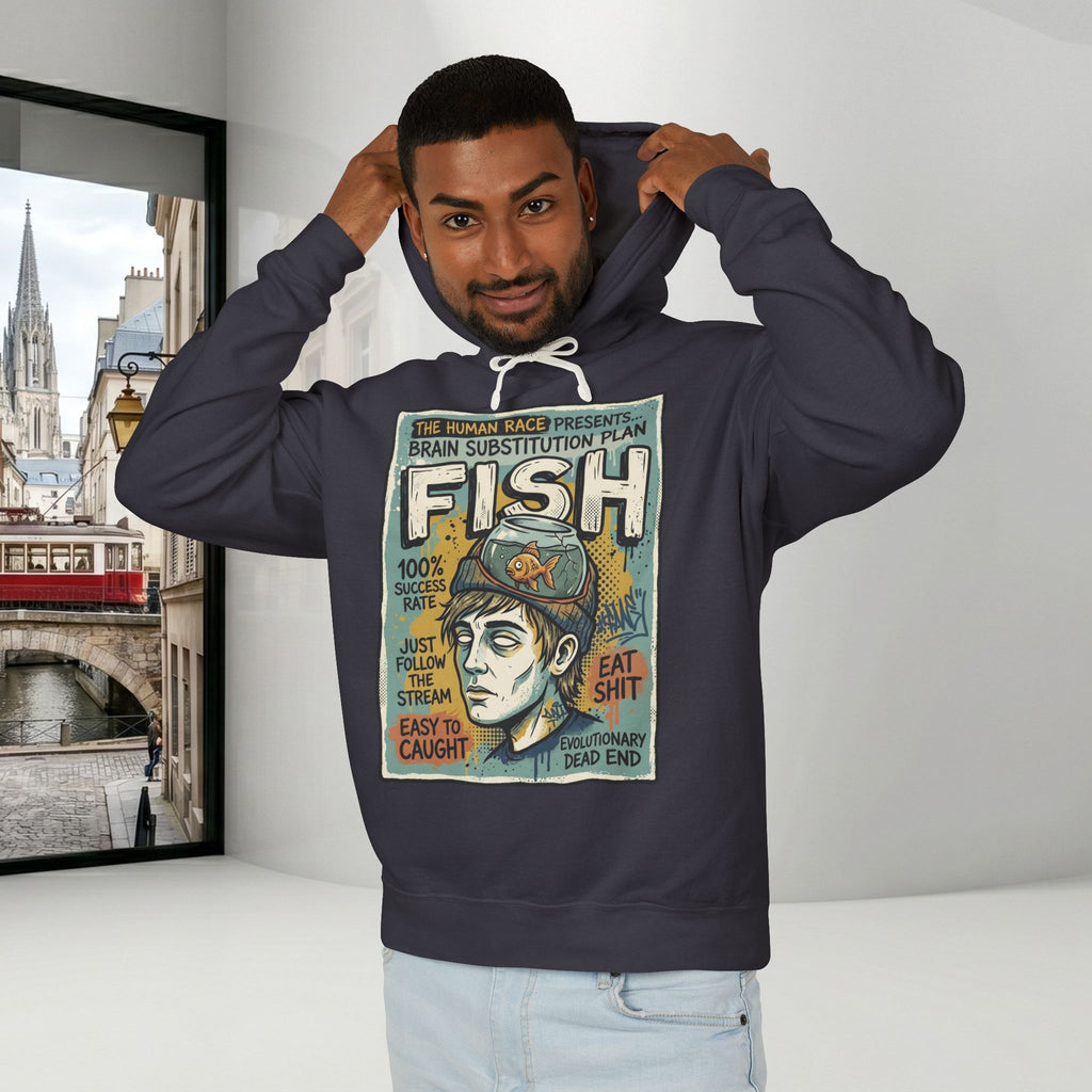 Fish Brain Substitution Plan Hoodie — Vintage Unisex Surreal Graphic Pullover